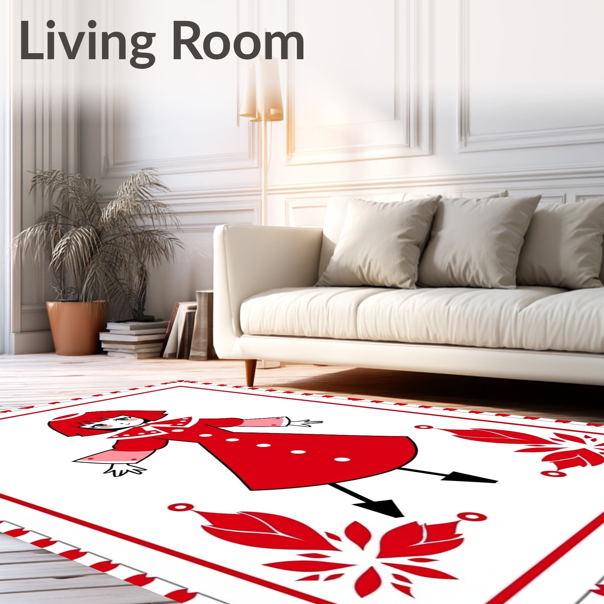 Whimsical Red Character Floral Border Rug