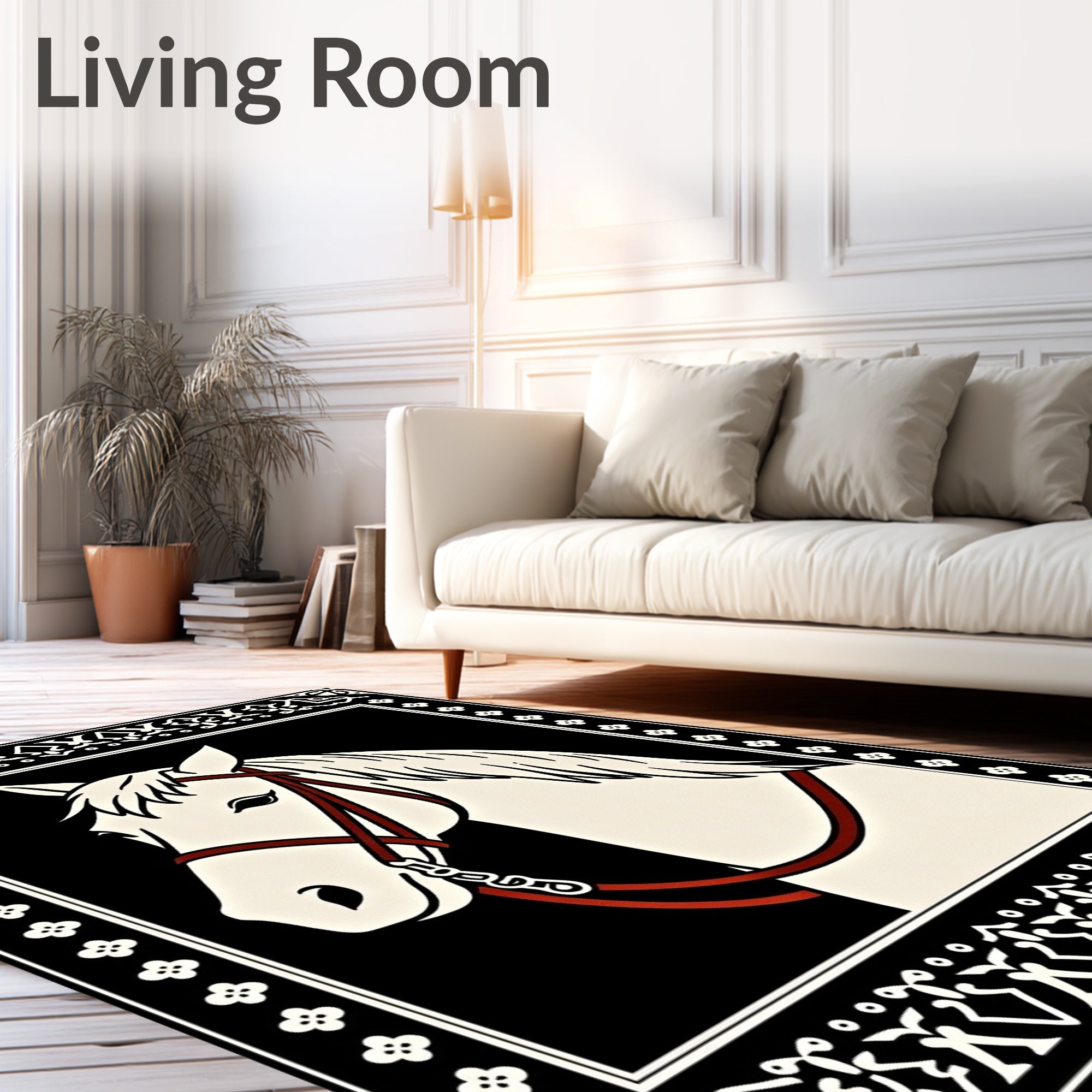 Elegant White Horse Black Border Rug