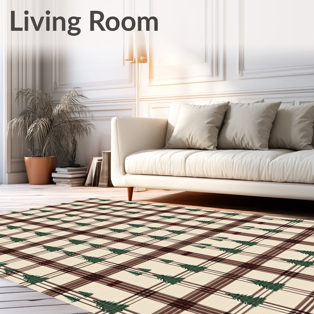 Cream Burgundy Plaid Pine Tree Rug