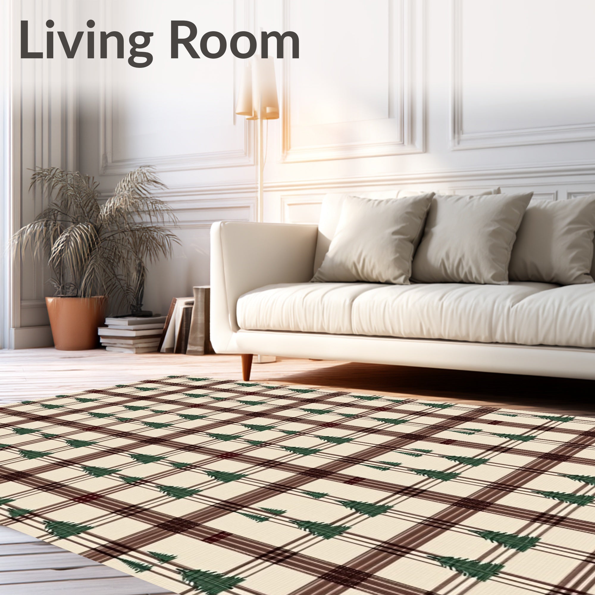 Cream Burgundy Plaid Pine Tree Rug