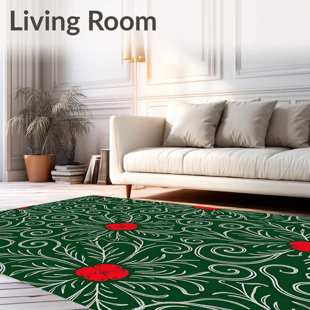 Crimson Floral Swirls Emerald Rug