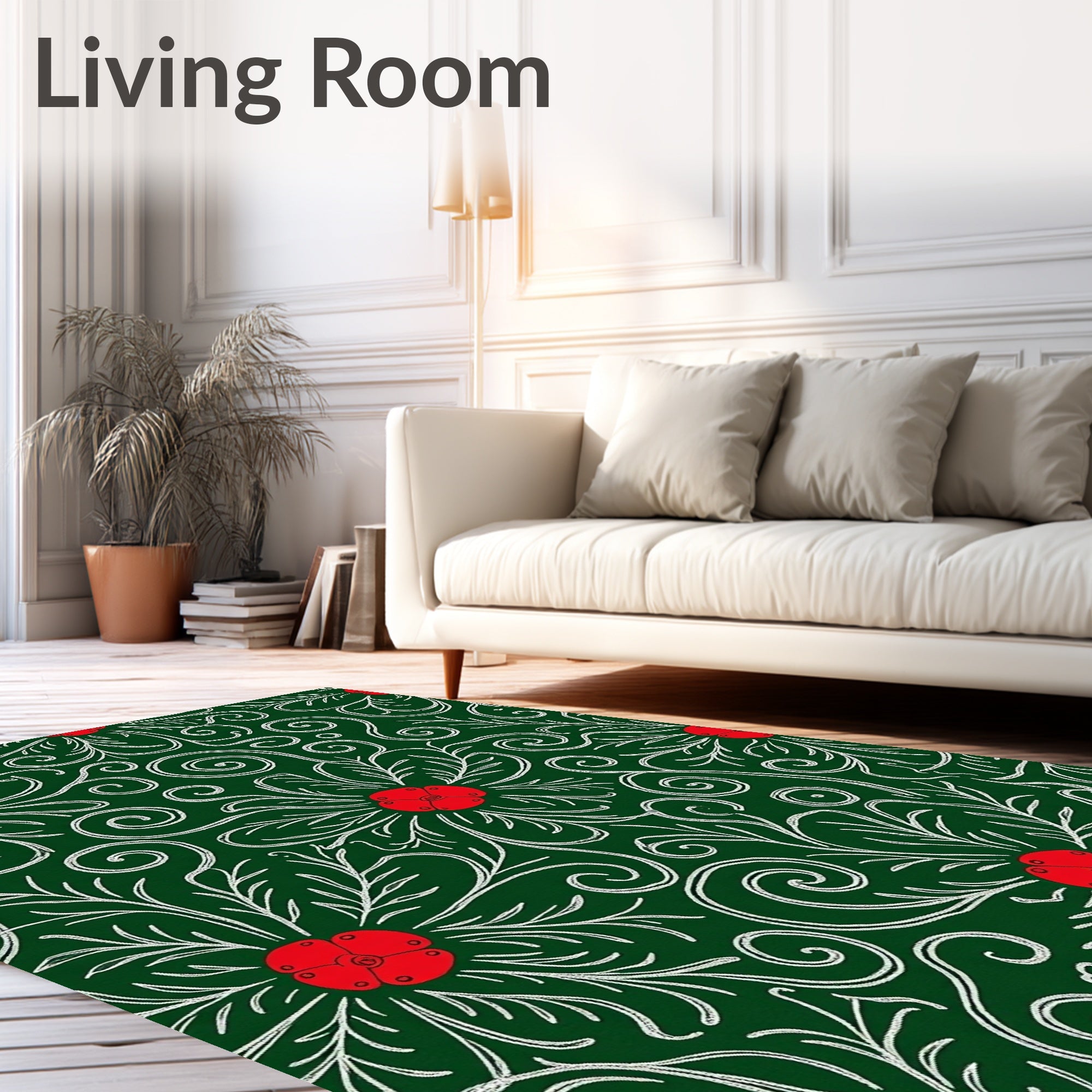 Crimson Floral Swirls Emerald Rug