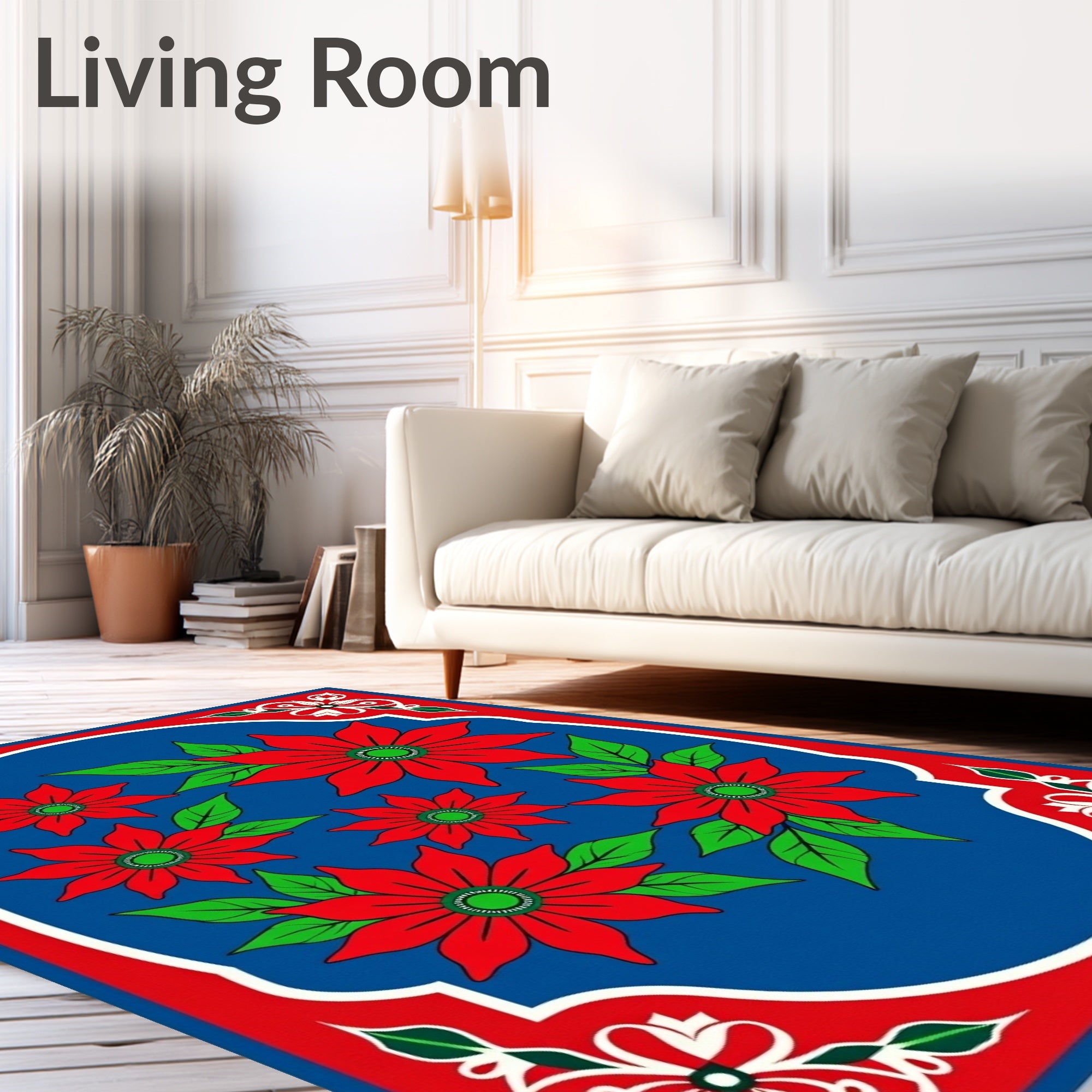 Crimson Floral Garden Blue Border Rug