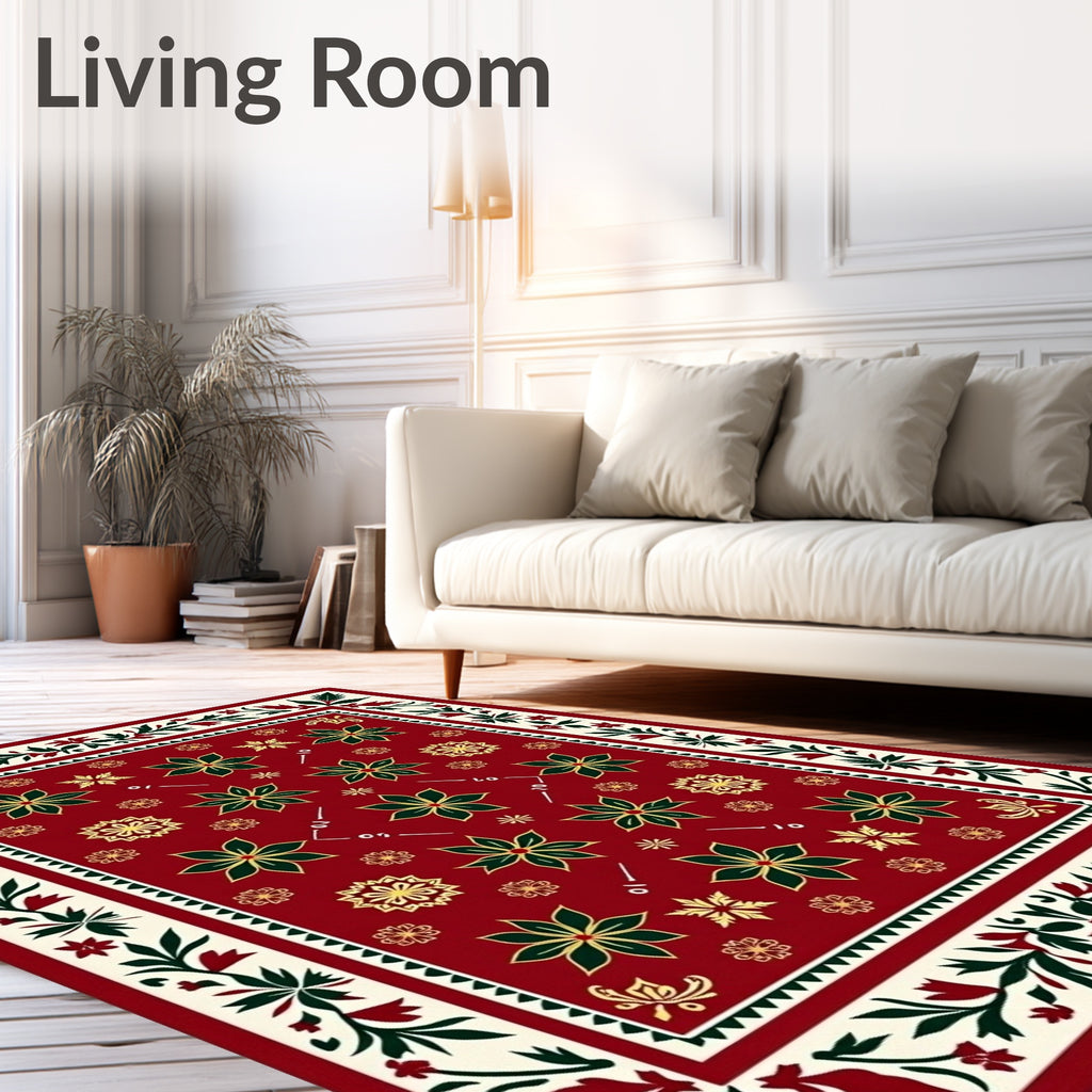 Red Green Gold Floral Medallion Border Rug