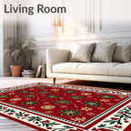 Red Green Gold Floral Medallion Border Rug