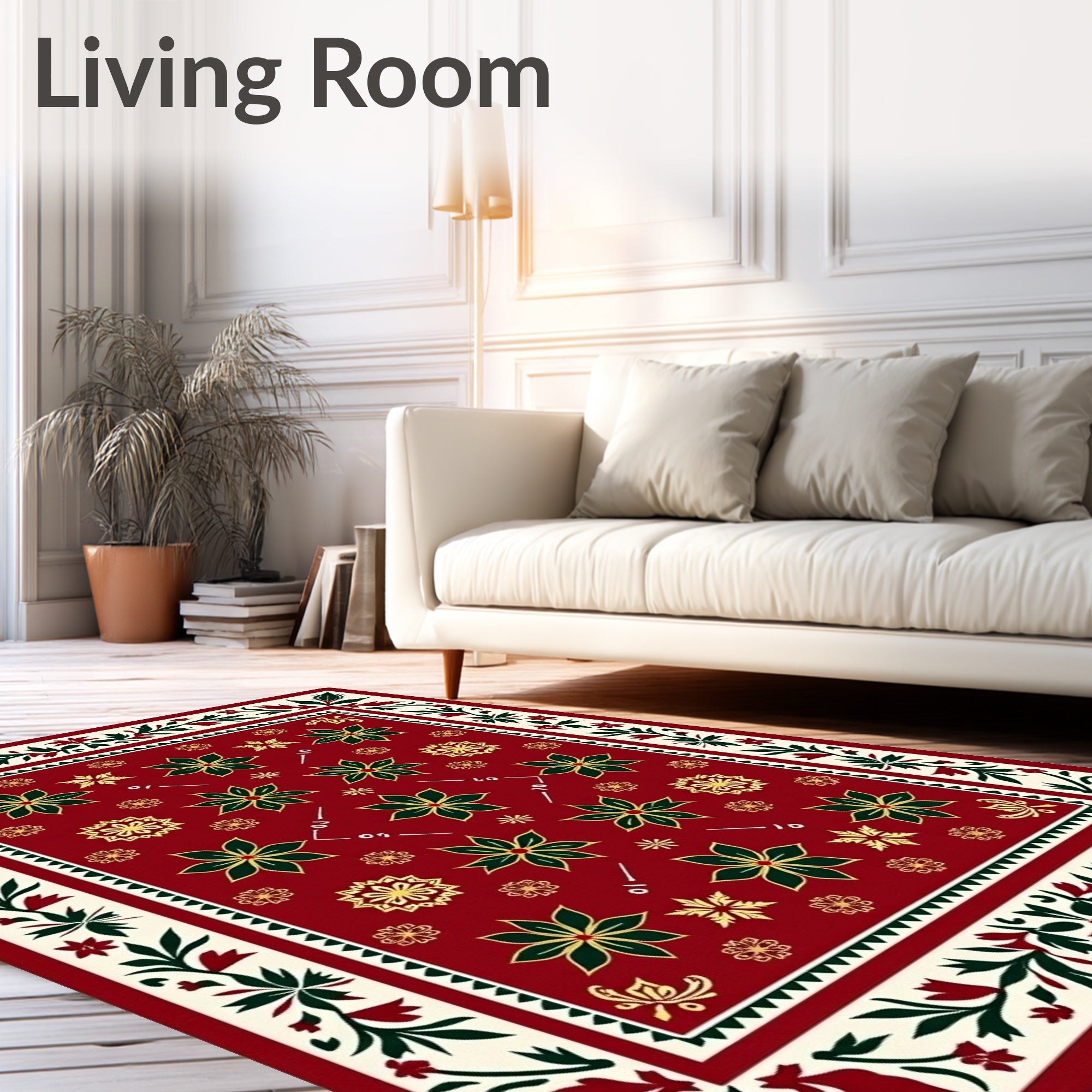 Red Green Gold Floral Medallion Border Rug