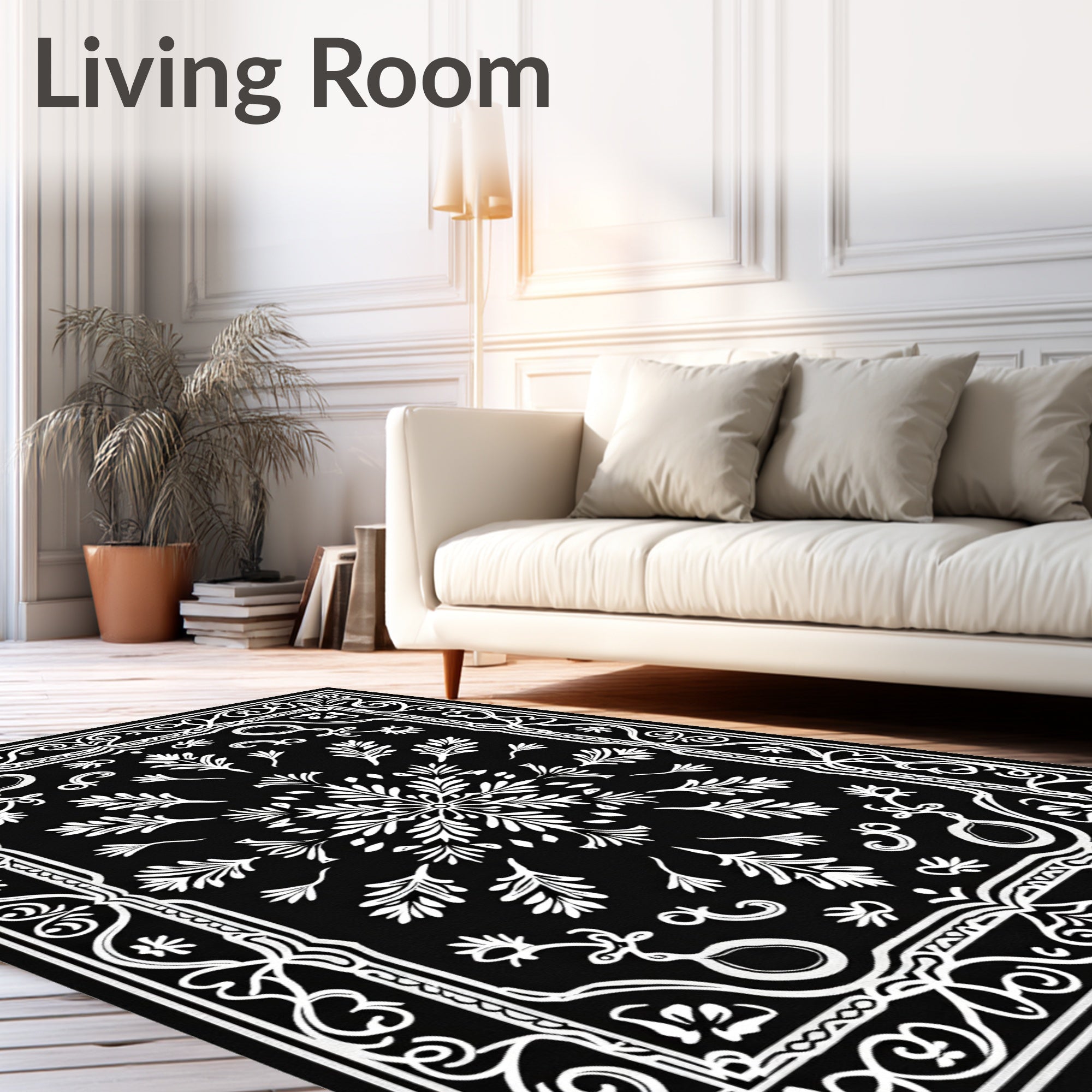 Monochromatic Black White Floral Medallion Rug