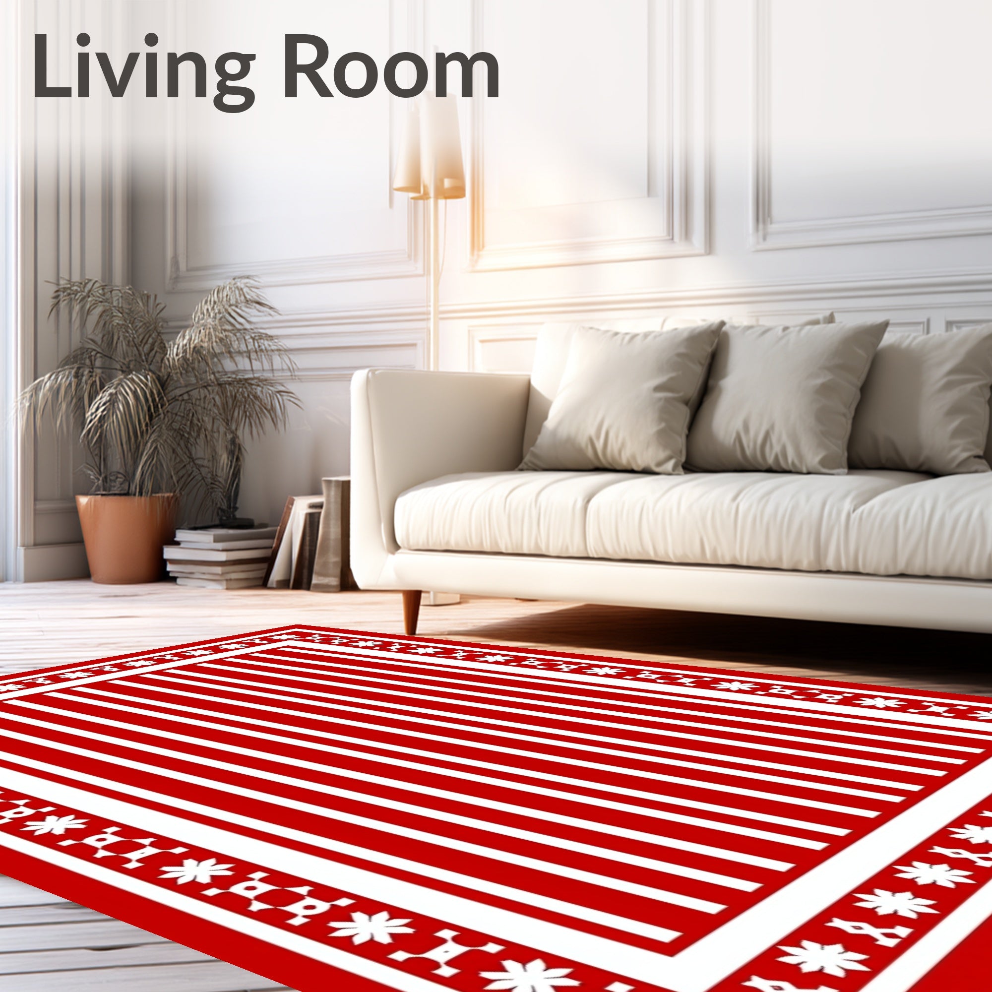 Red White Stripe Floral Border Rug