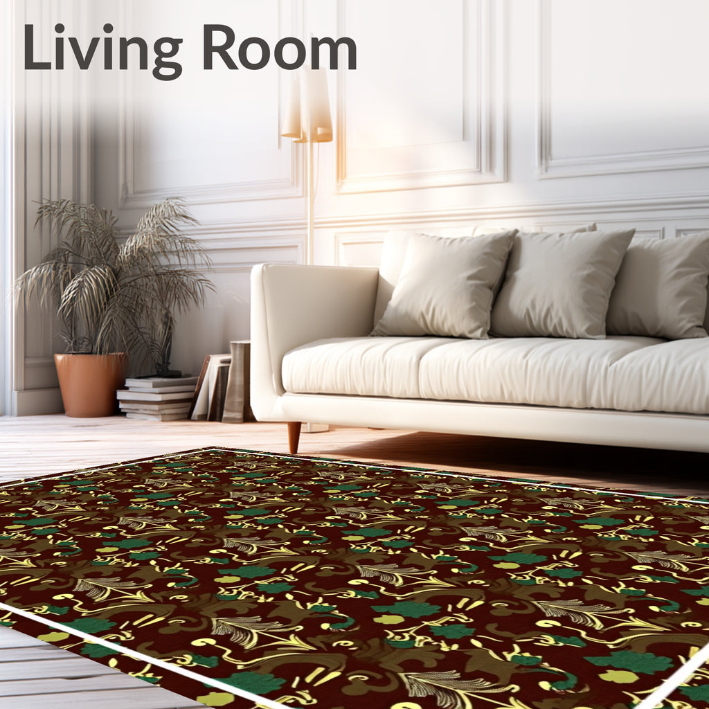 Dark Red Forest Woodland Motifs Rug