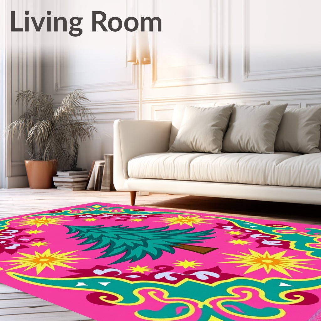 Vibrant Pink Teal Christmas Tree Stars Rug