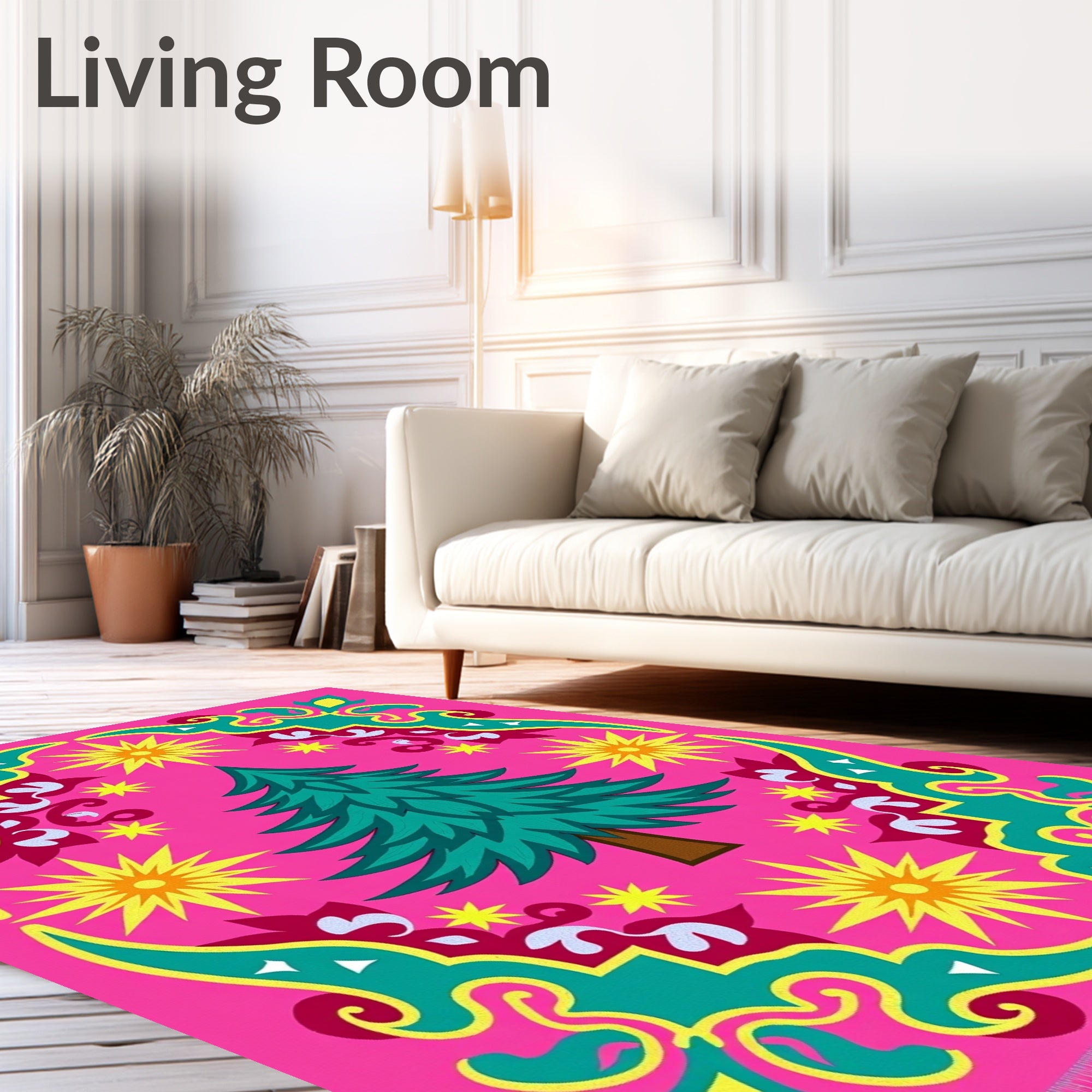 Vibrant Pink Teal Christmas Tree Stars Rug