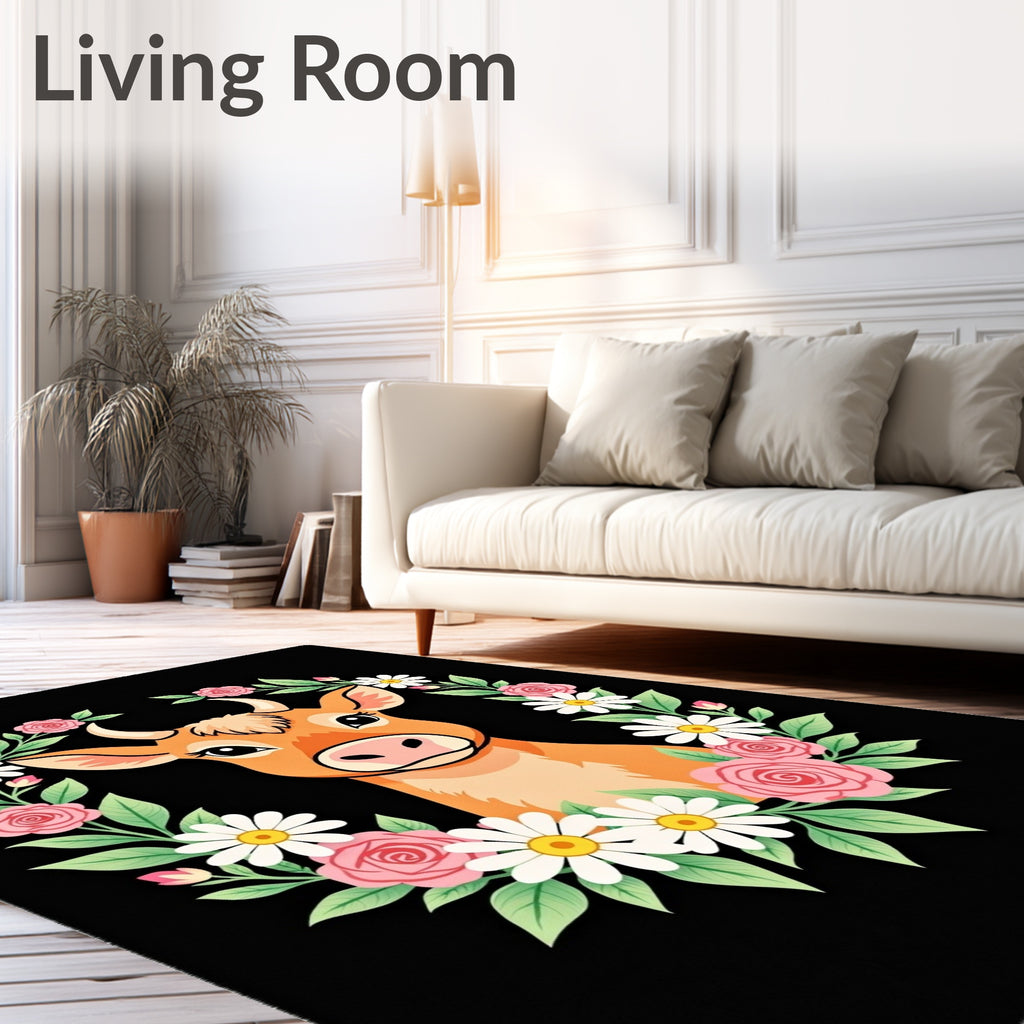 Cute Orange Cow Floral Wreath Rug