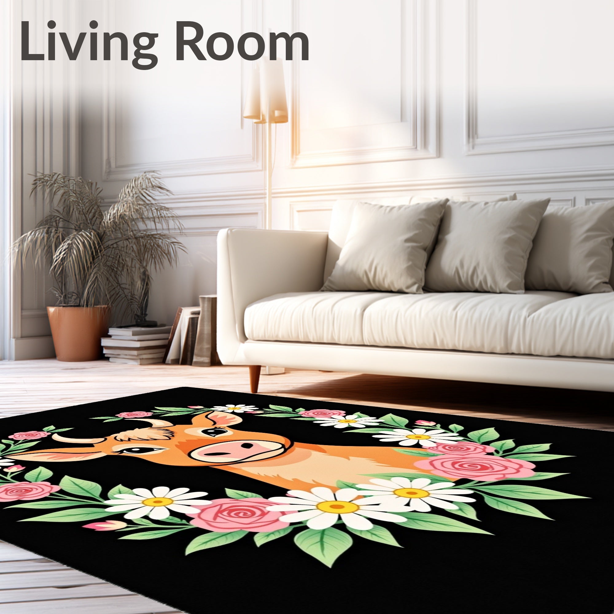 Cute Orange Cow Floral Wreath Rug