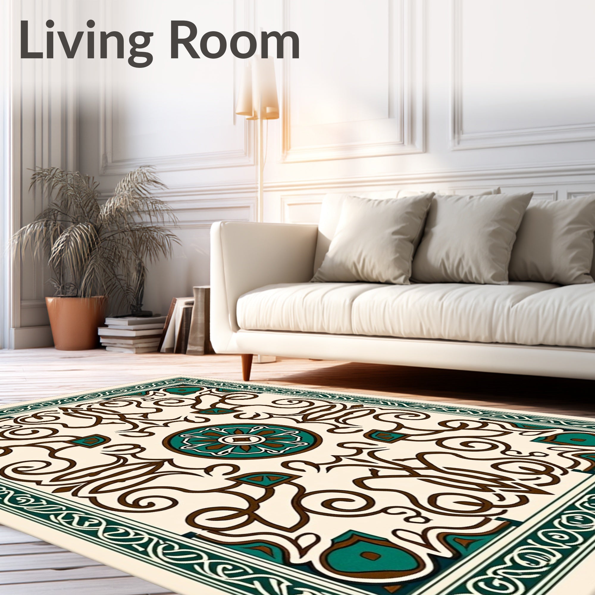 Emerald Brown Ivory Scroll Medallion Rug