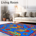 Vibrant Rooster Floral Border Bright Blue Rug