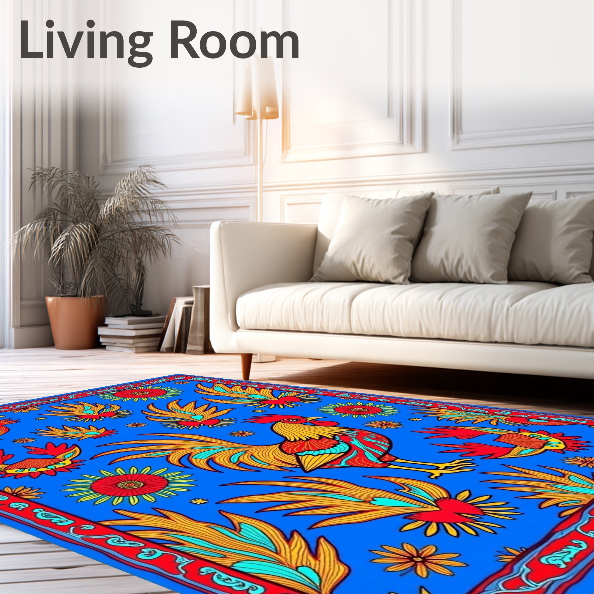 Vibrant Rooster Floral Border Bright Blue Rug