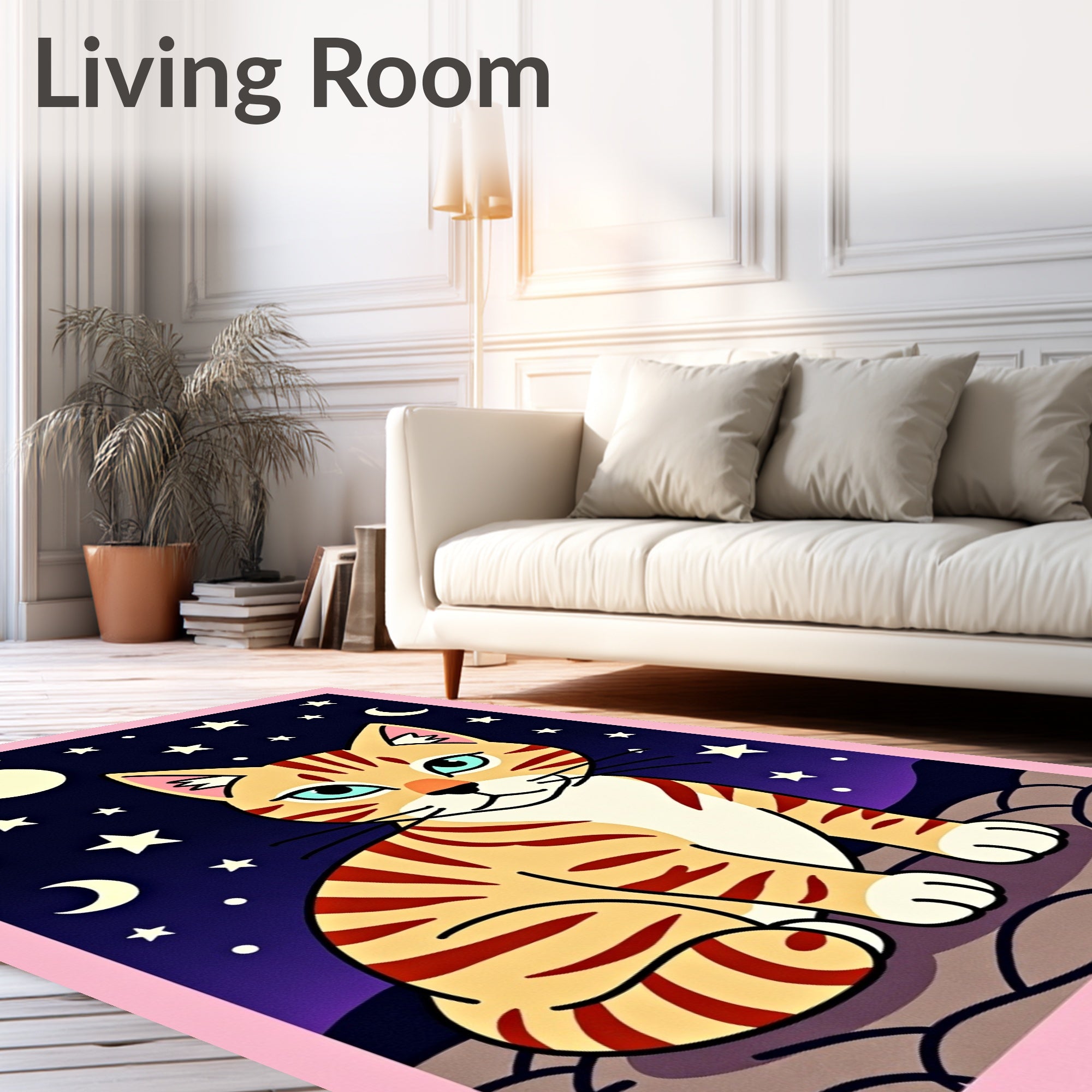 Whimsical Cat Night Sky Stars Rug