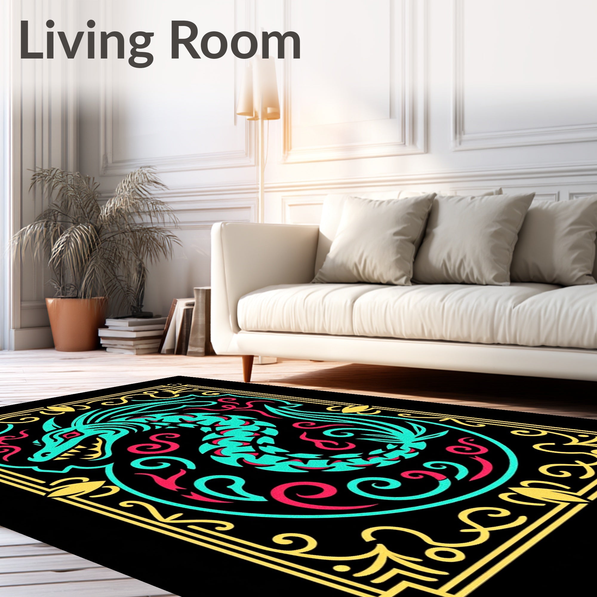 Aqua Red Dragon Floral Frame Rug