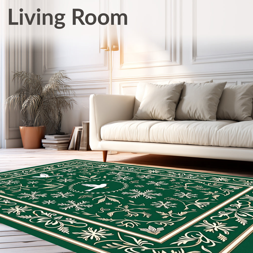Emerald Green White Bird Snowflake Border Rug