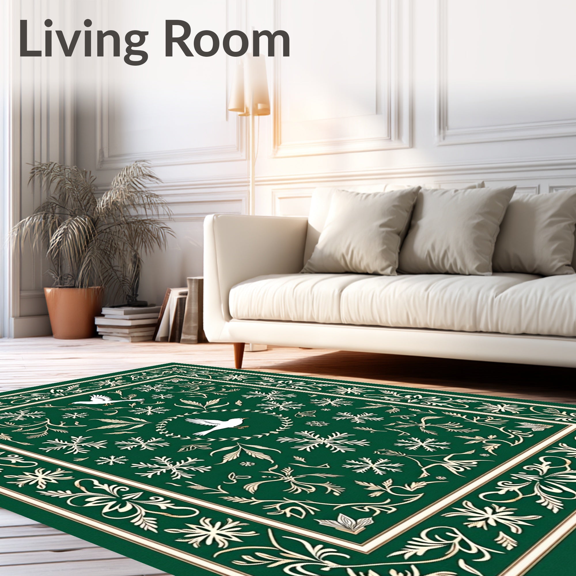 Emerald Green White Bird Snowflake Border Rug