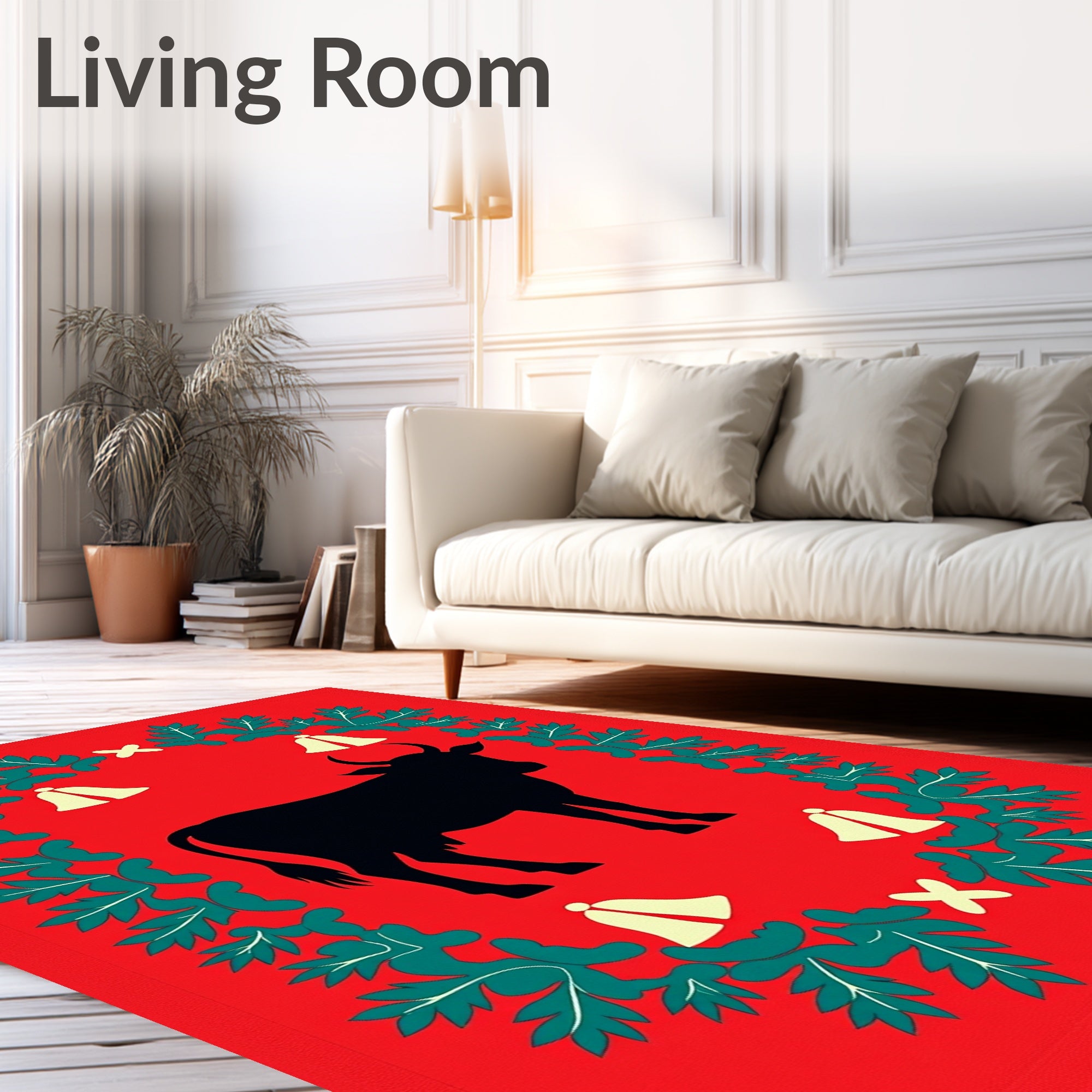 Crimson Silhouette Bull with Bells Rug