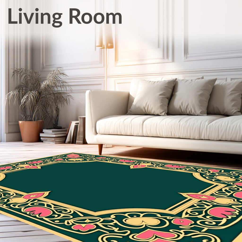 Elegant Pink Floral Gold Border Rug