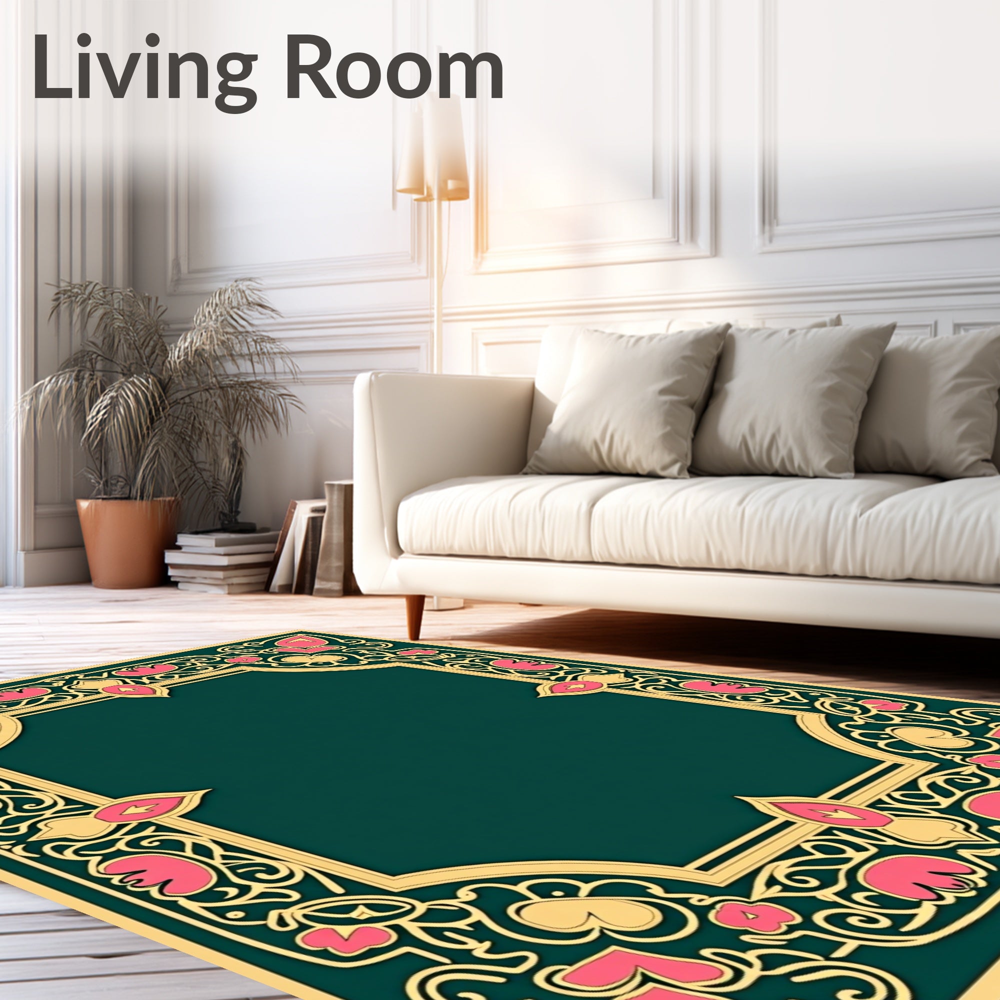 Elegant Pink Floral Gold Border Rug