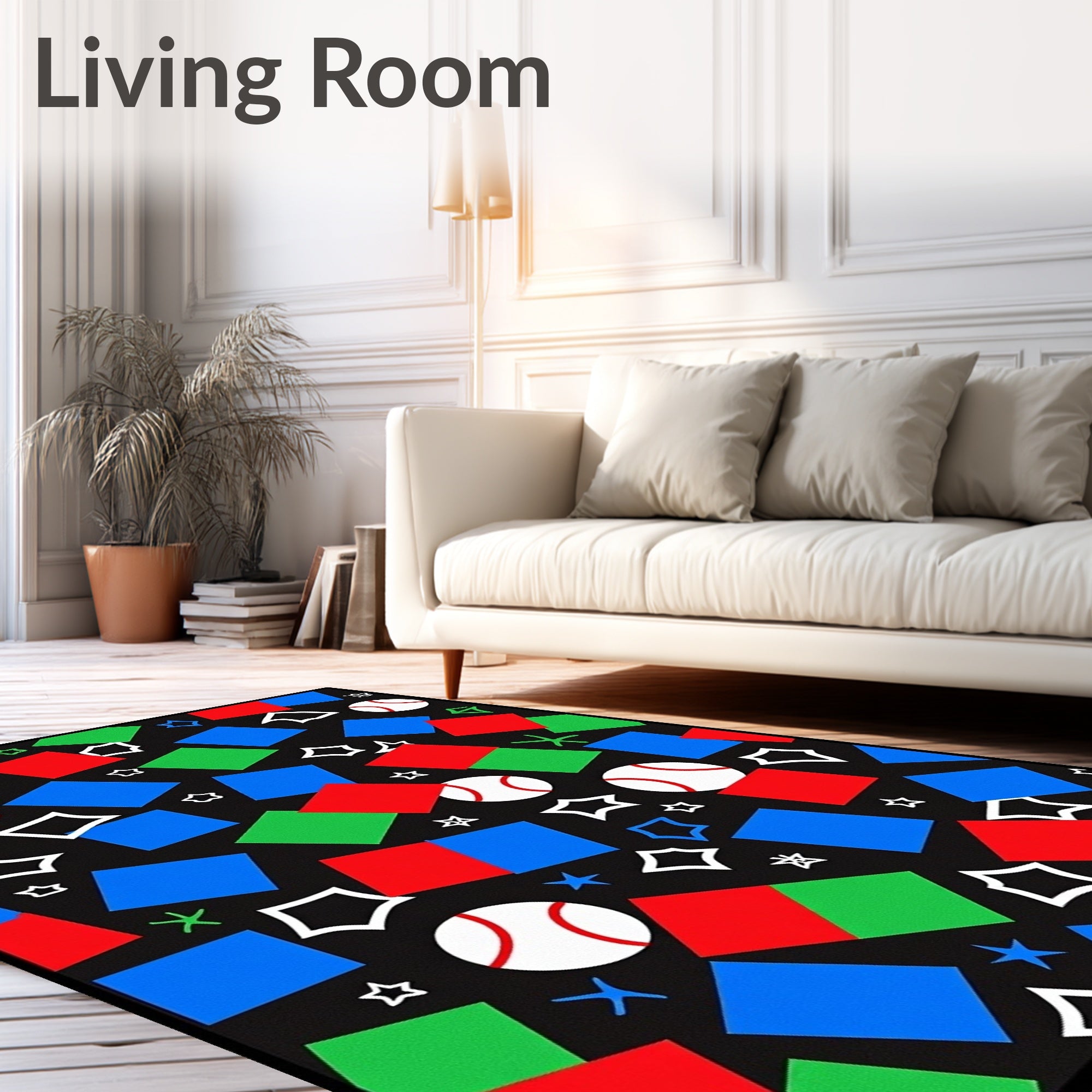 Playful Red Blue Green Sports Squares Rug