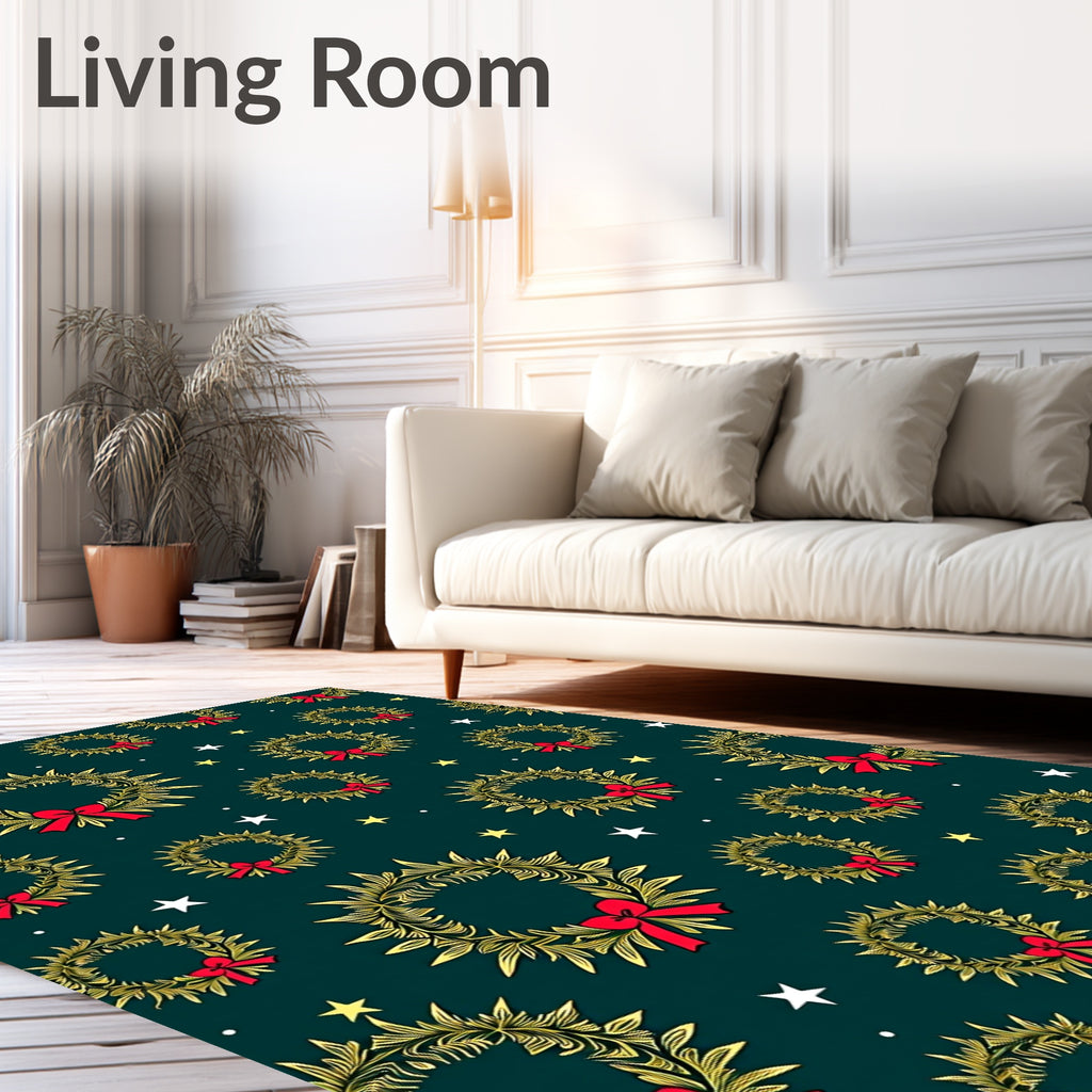 Golden Wreath Red Bow Stars Rug