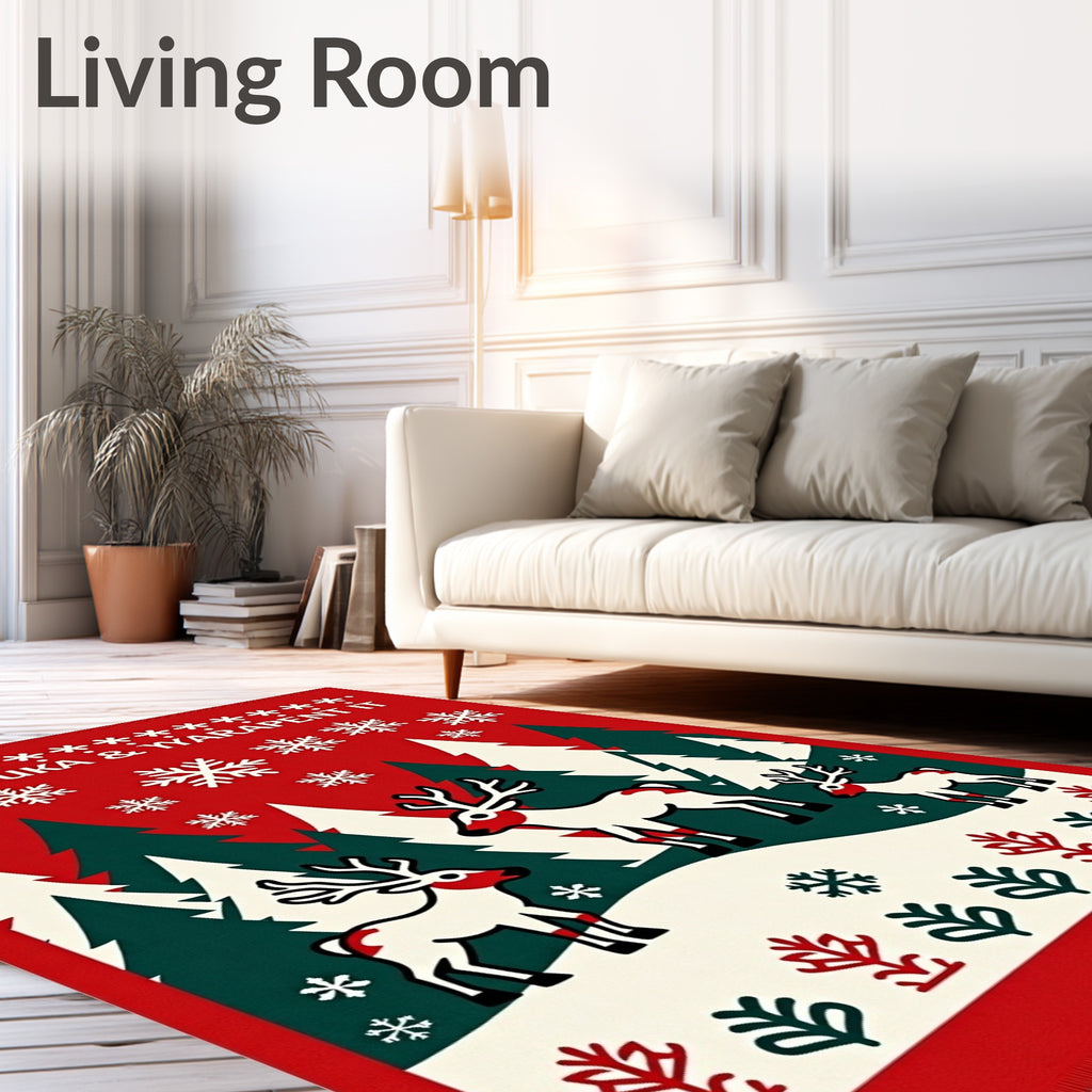 Red And White Deer Forest Snowflakes Rug
