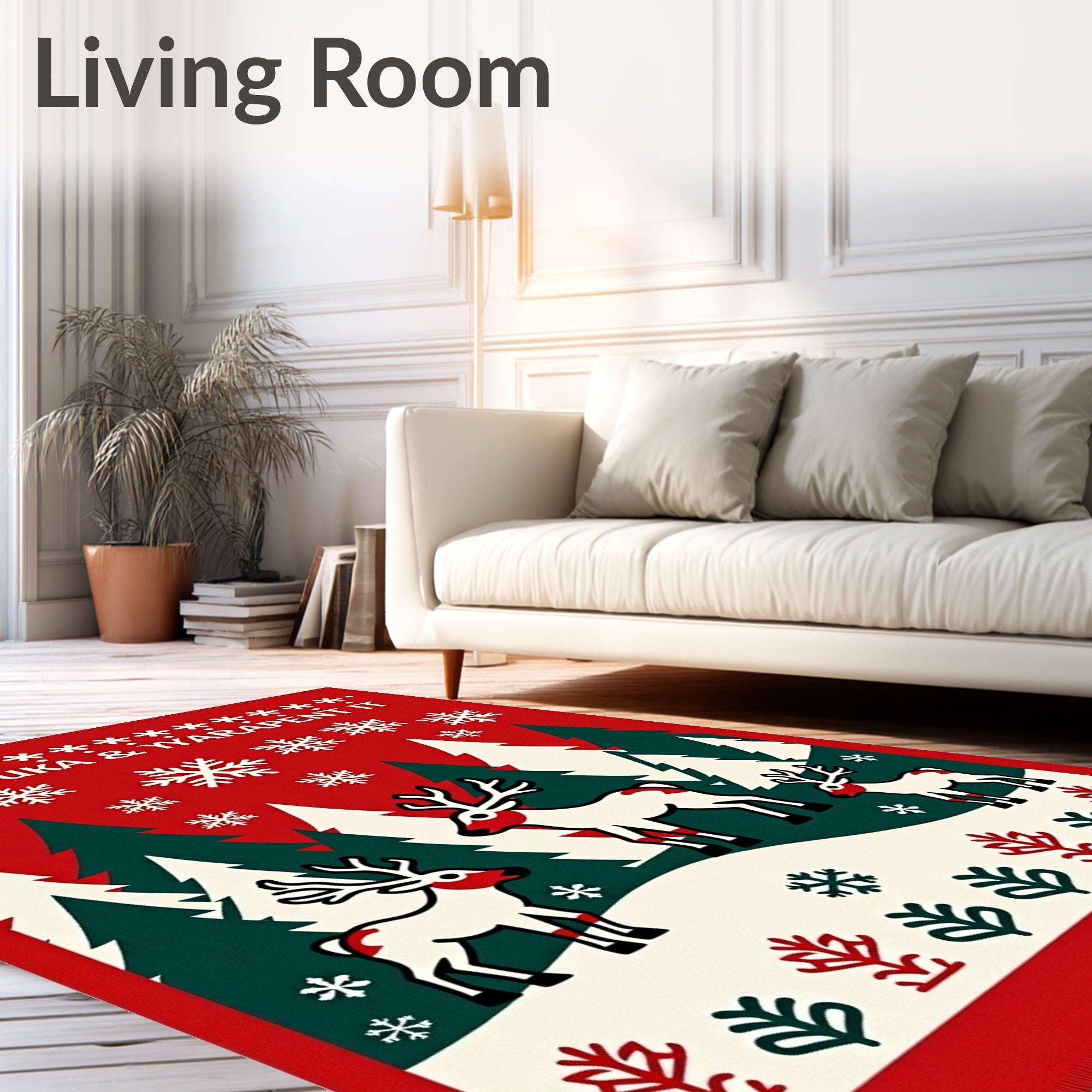 Red And White Deer Forest Snowflakes Rug