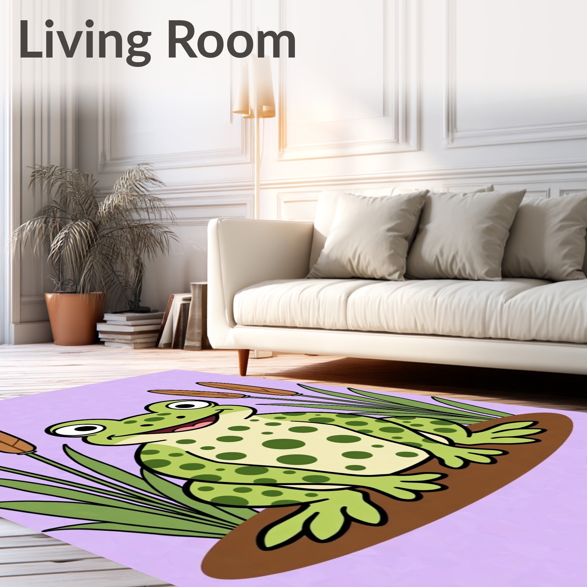 Friendly Green Spotted Frog Cattails Field Rug