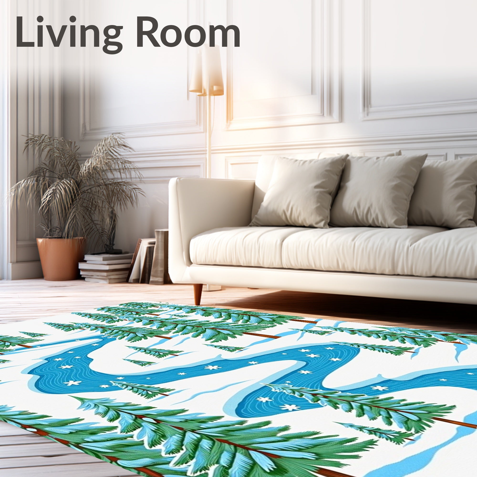 Winter Evergreen River Snowflakes Scene Rug