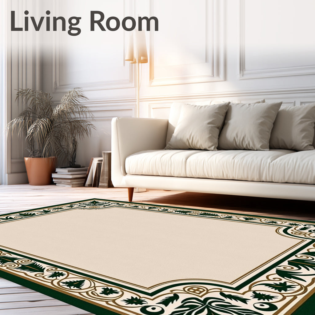 Classic Green Gold Leaf Scroll Border Rug