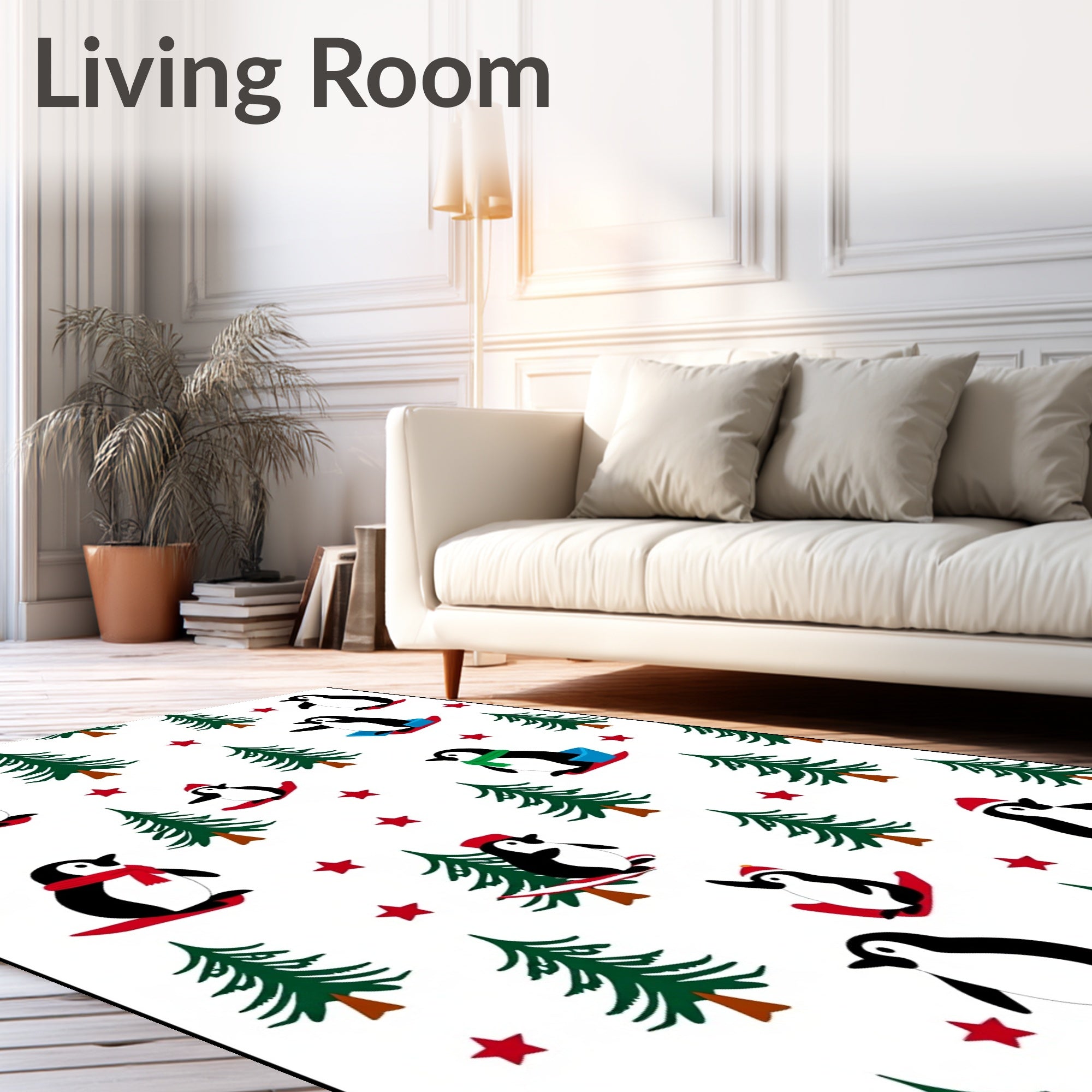 Whimsical Penguin Sledding Christmas Trees Rug