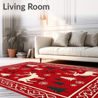 Red White Winter Deer Forest Scene Rug