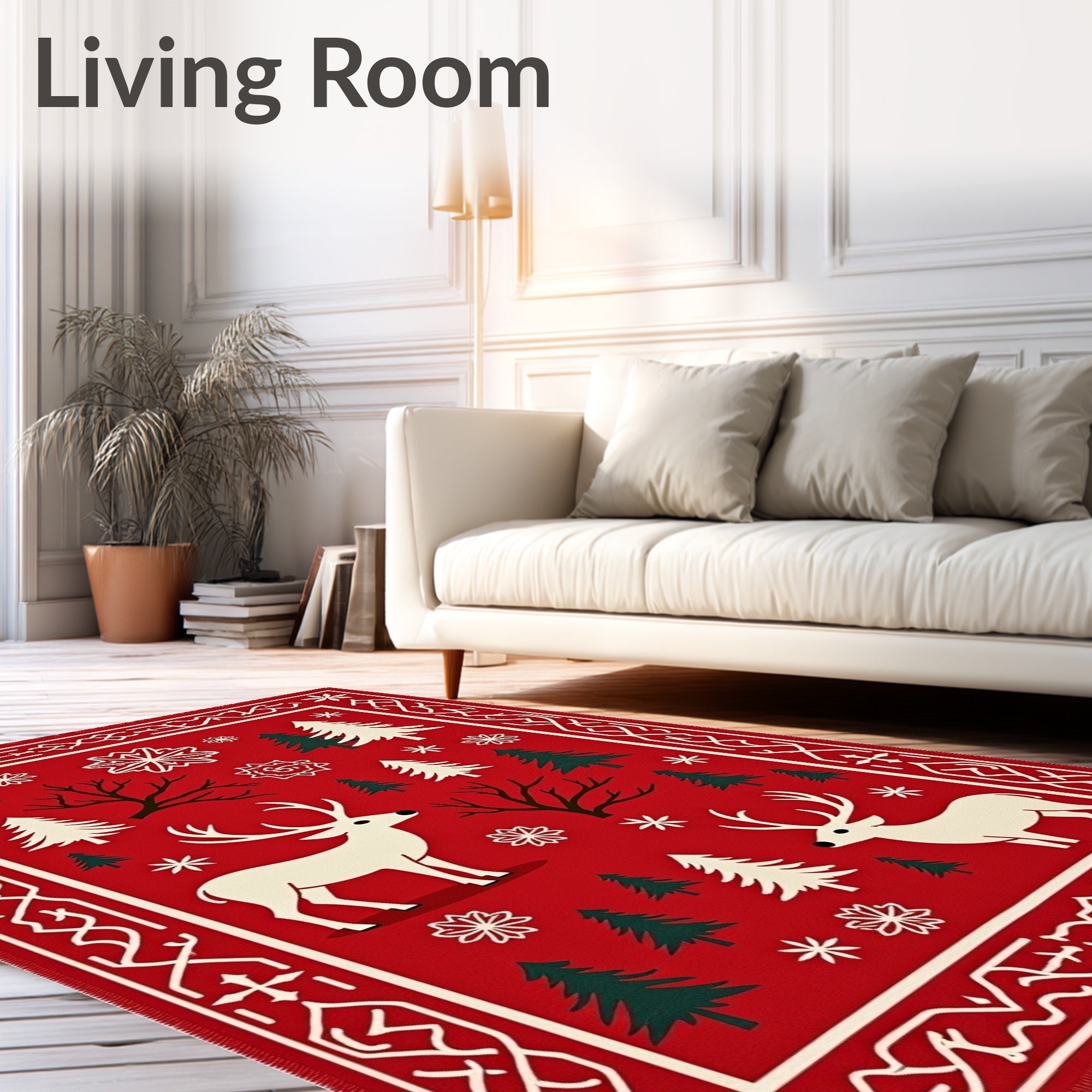 Red White Winter Deer Forest Scene Rug