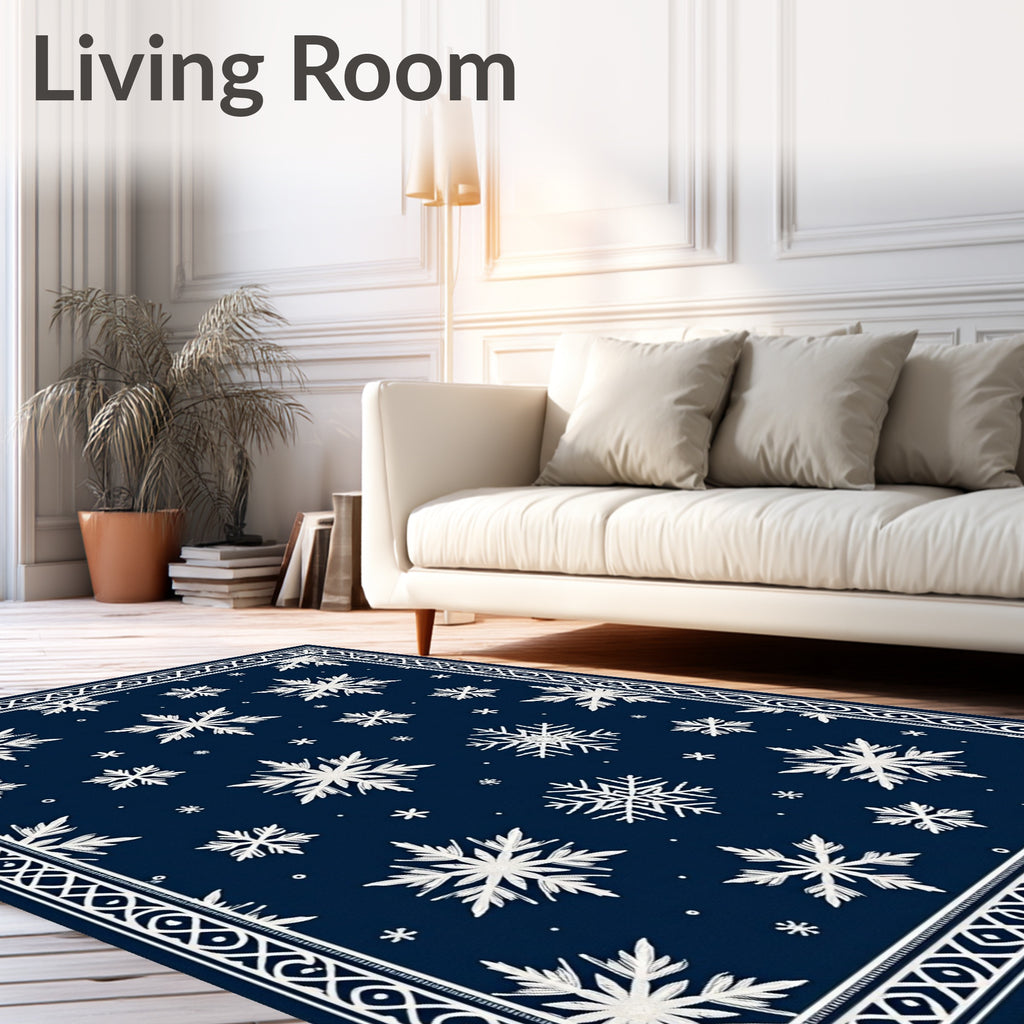 Midnight Blue Snowflakes Border Rug