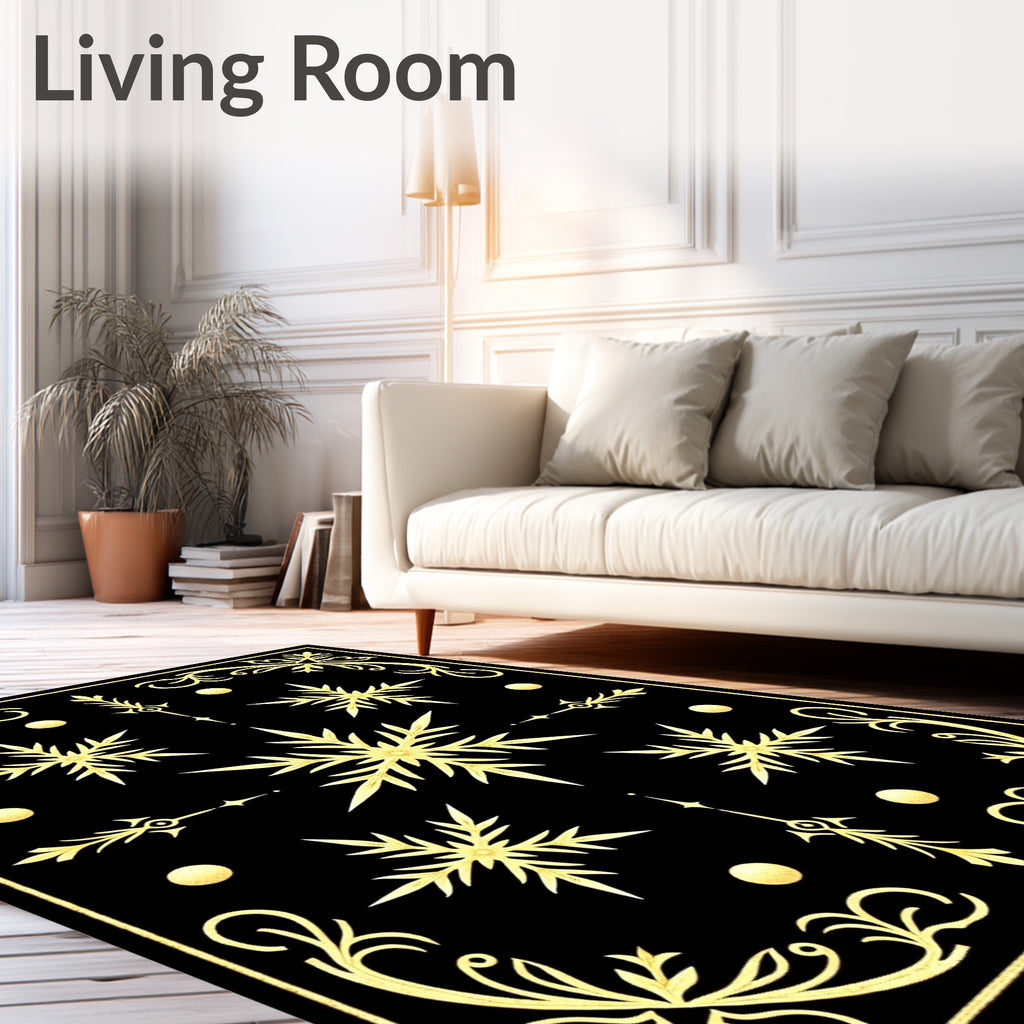 Elegant Gold Black Winter Snowflake Swirl Rug
