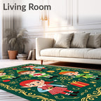 Christmas Elves Presents Green Gold Border Rug