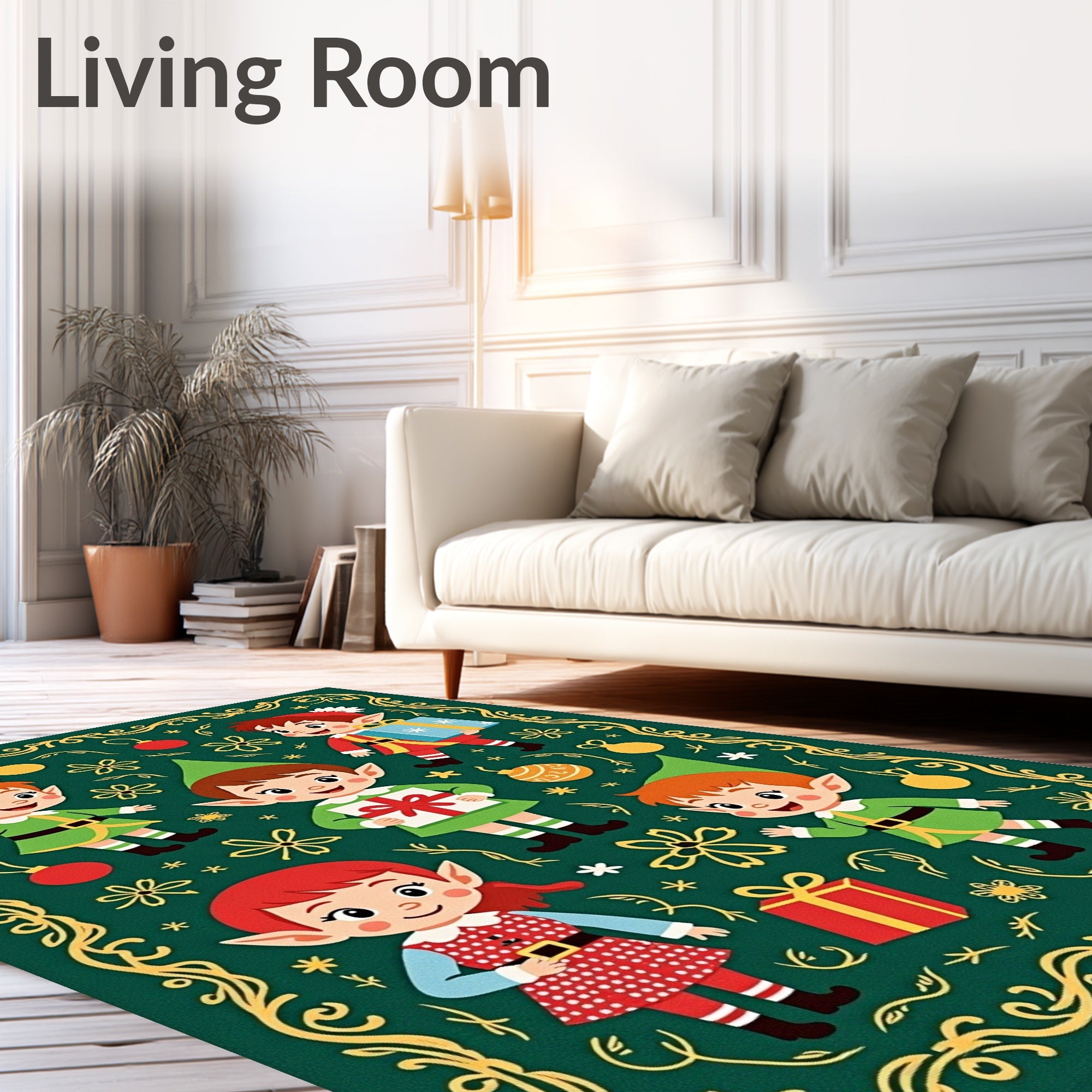 Christmas Elves Presents Green Gold Border Rug
