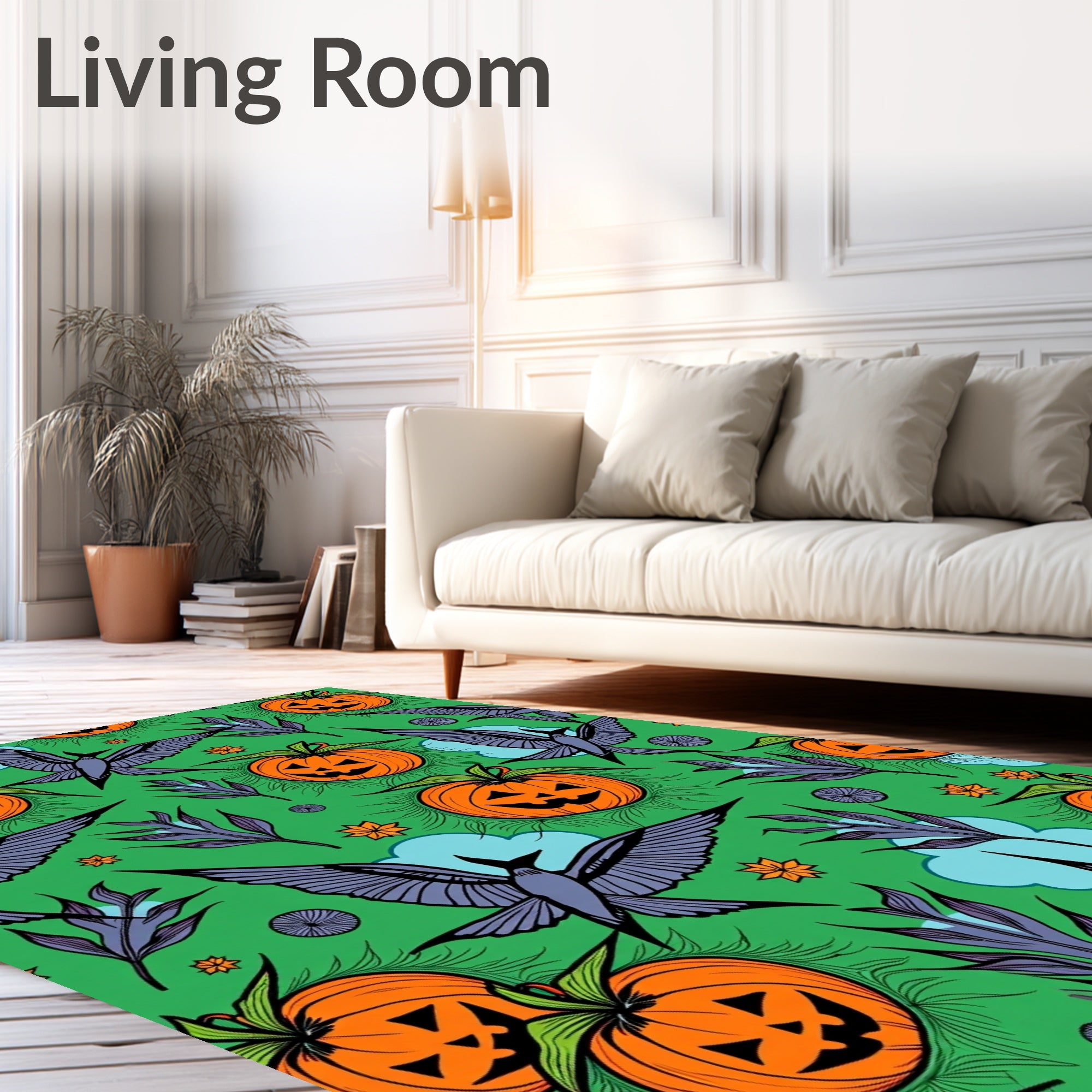 Whimsical Halloween Pumpkins Flying Birds Rug