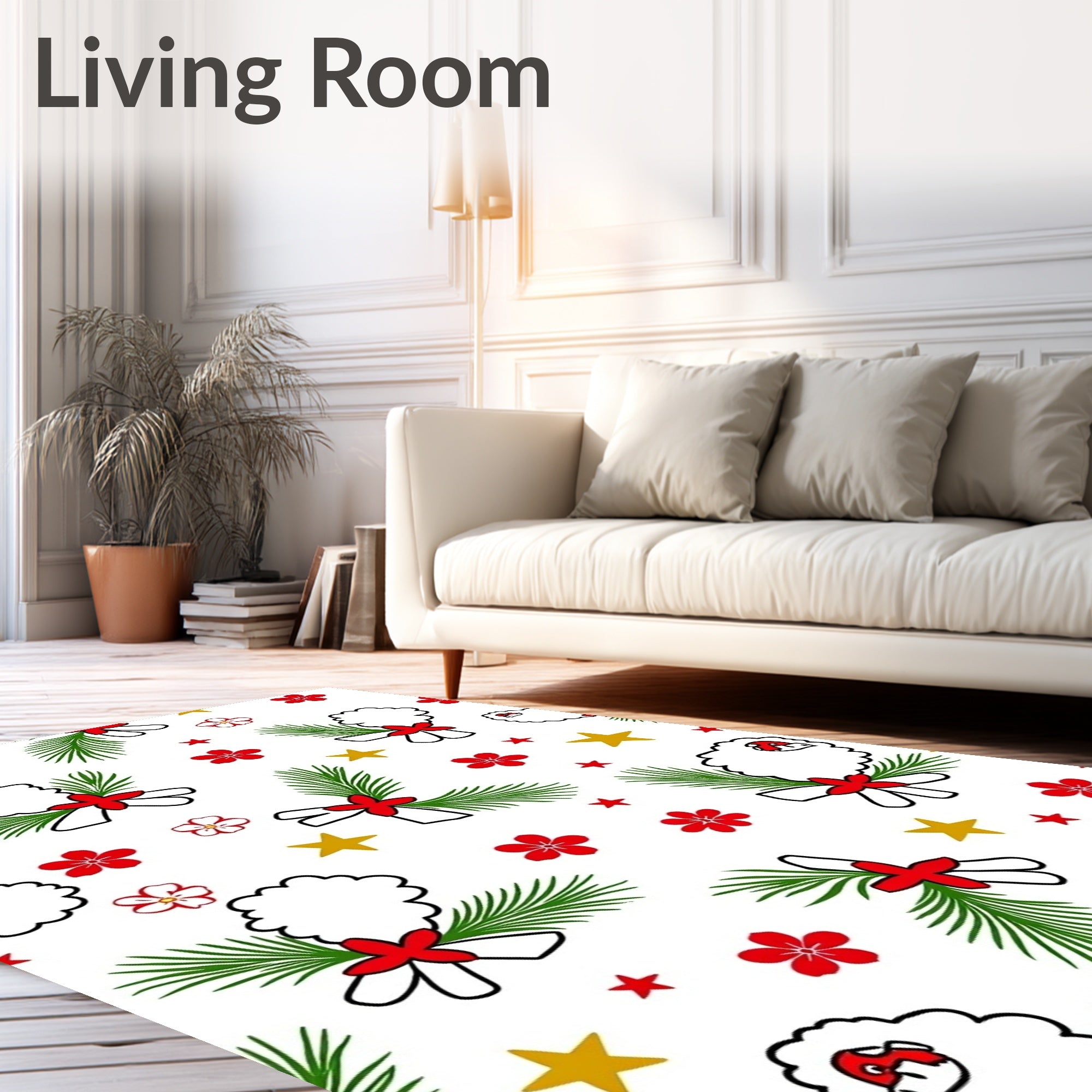 Festive Sheep Red Floral Gold Stars Rug