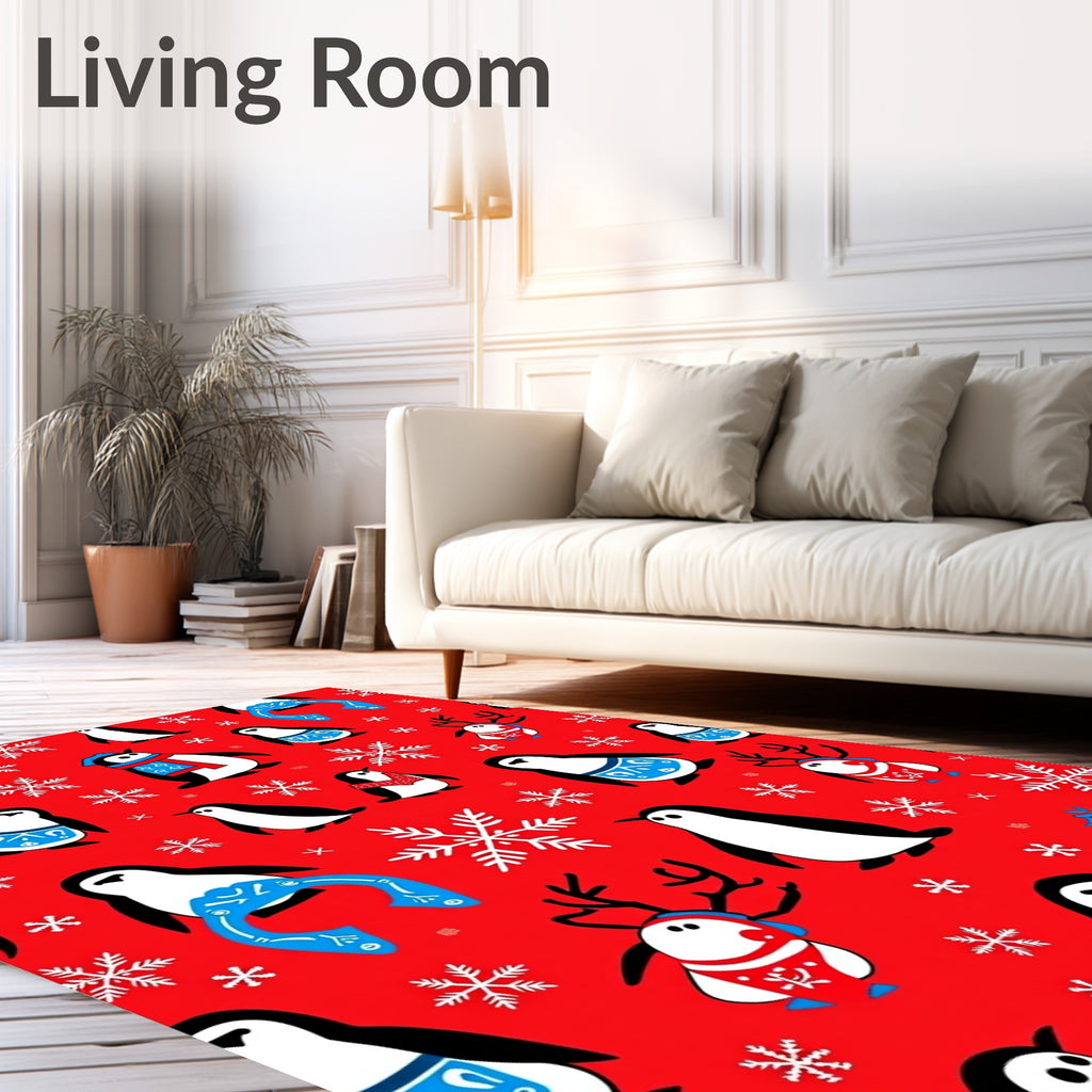 Whimsical Penguin and Reindeer Snowflakes Rug