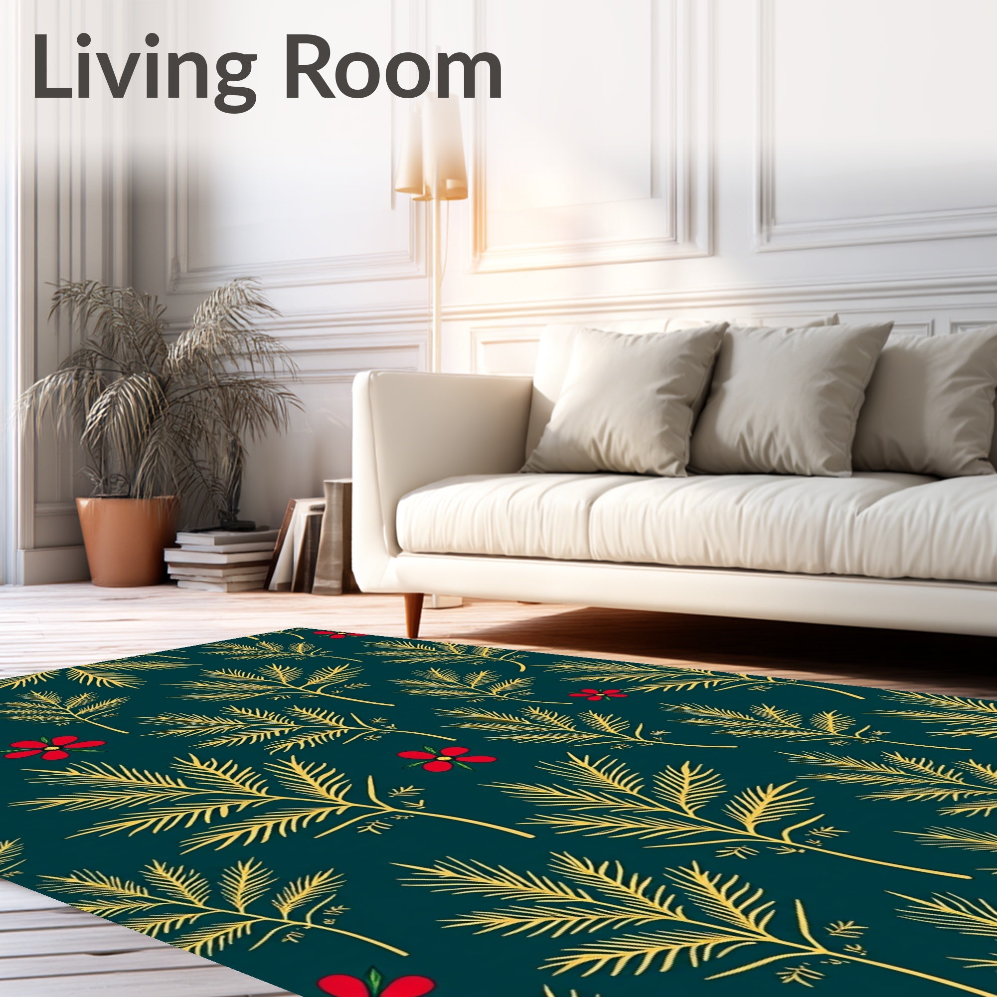 Golden Palm Fronds Red Flowers Rug