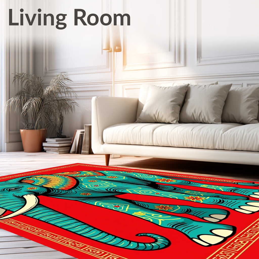 Vibrant Teal Elephant Floral Border Rug