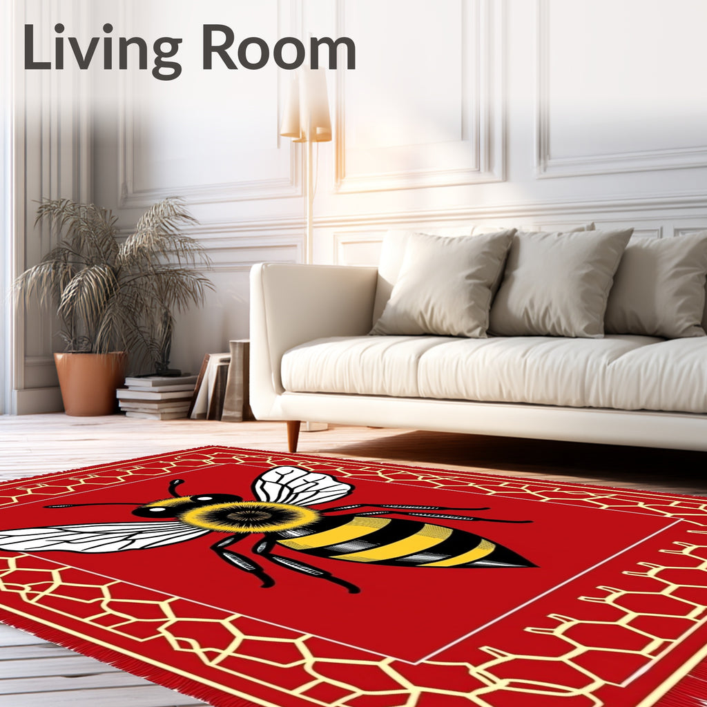 Bold Red Flying Bee Honeycomb Rug