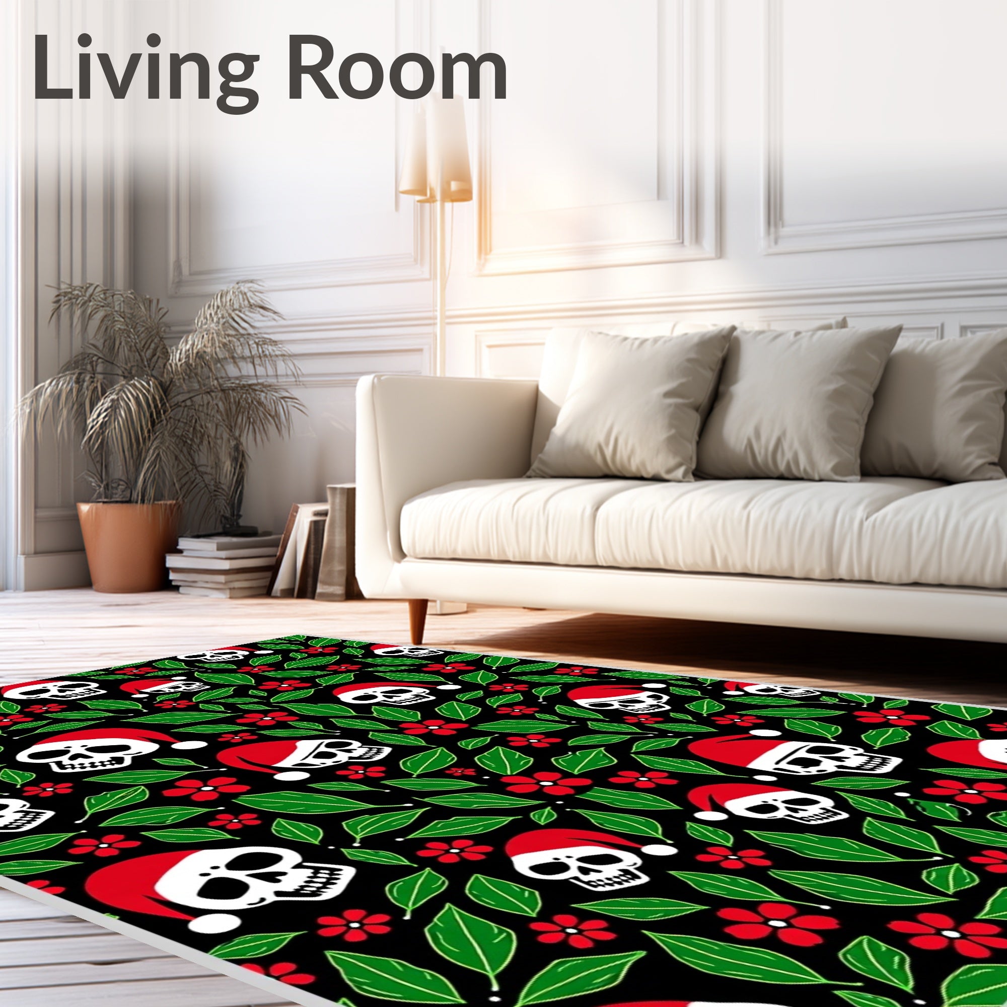 Spooky Santa Skull Red Flower Garland Rug