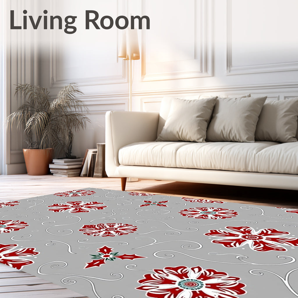 Crimson White Floral Swirls Gray Rug