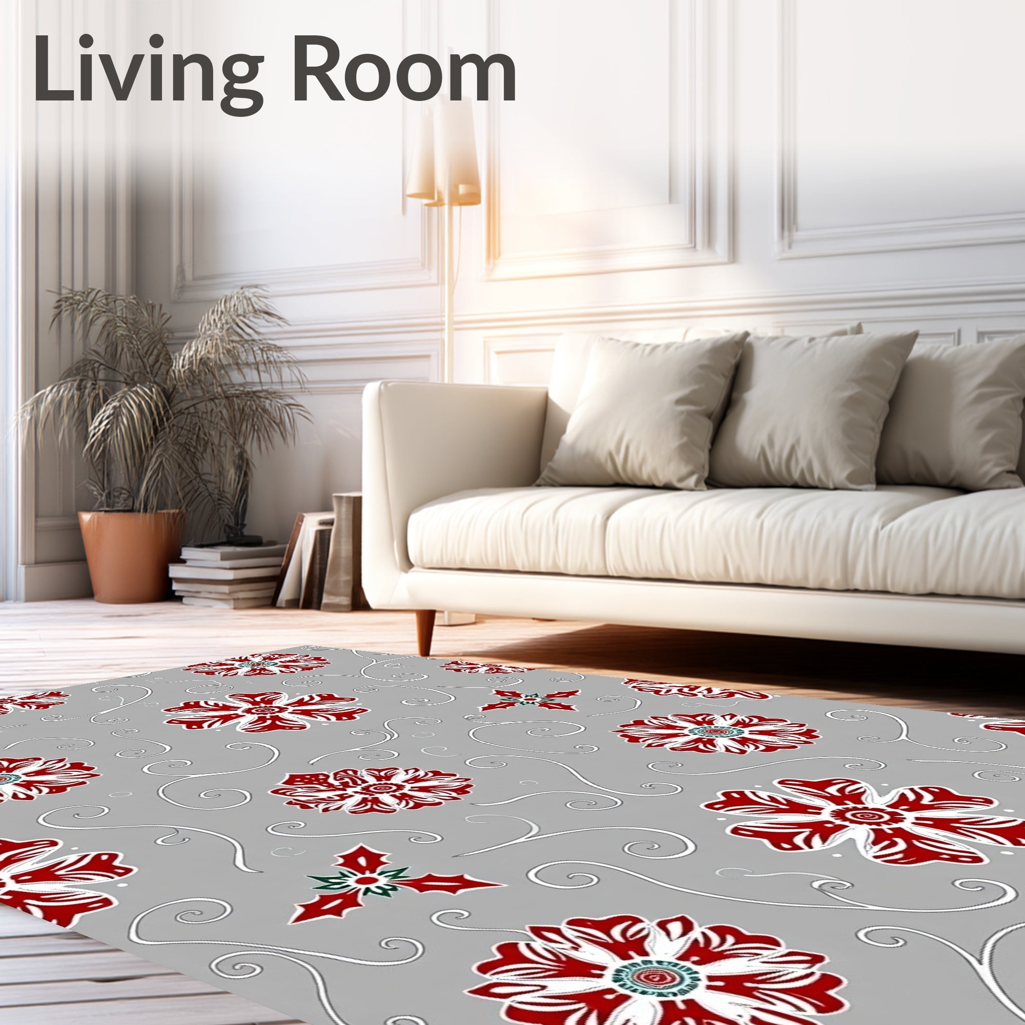 Crimson White Floral Swirls Gray Rug
